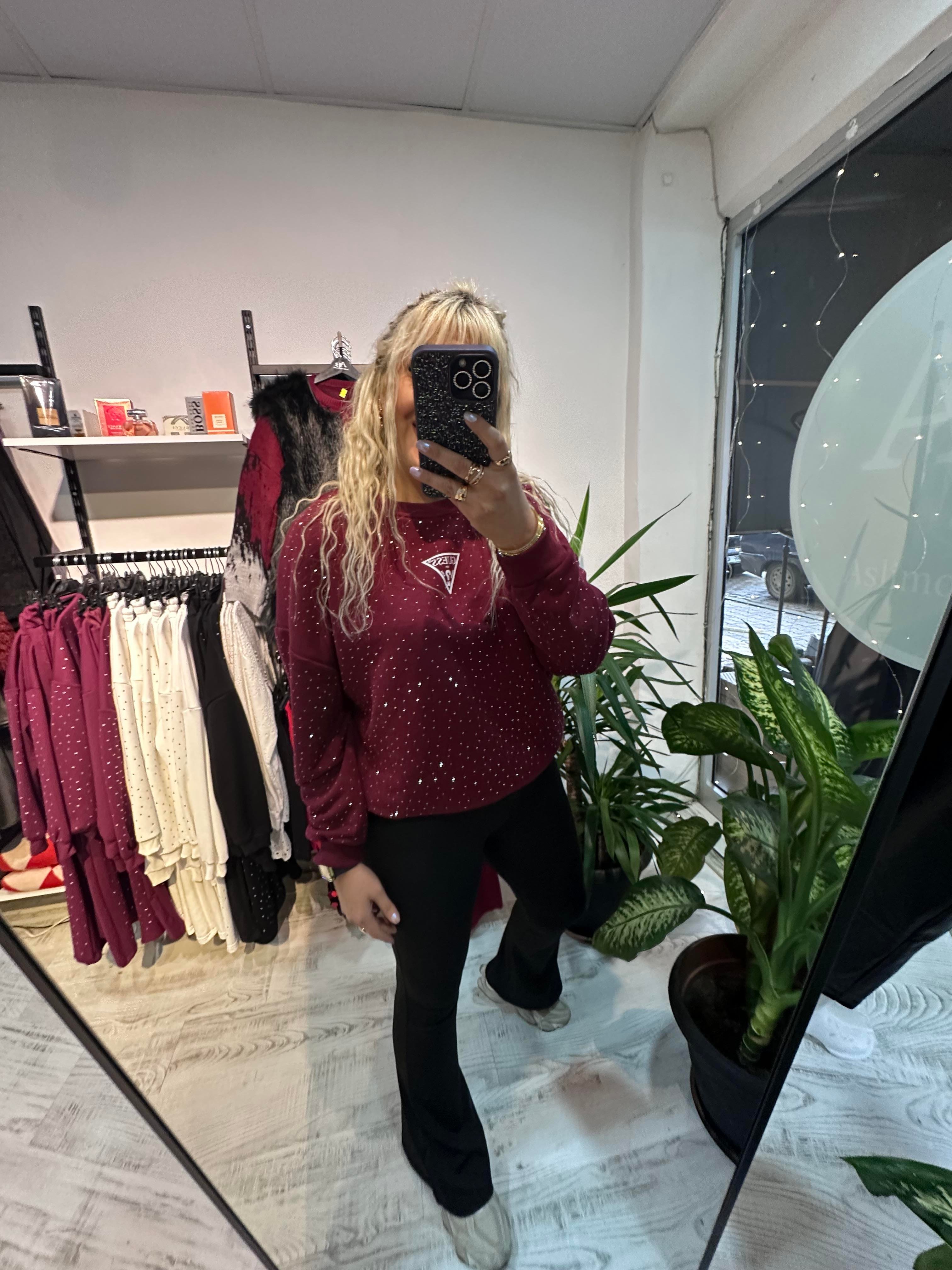 Marka Model Taşlı Bordo Sweat