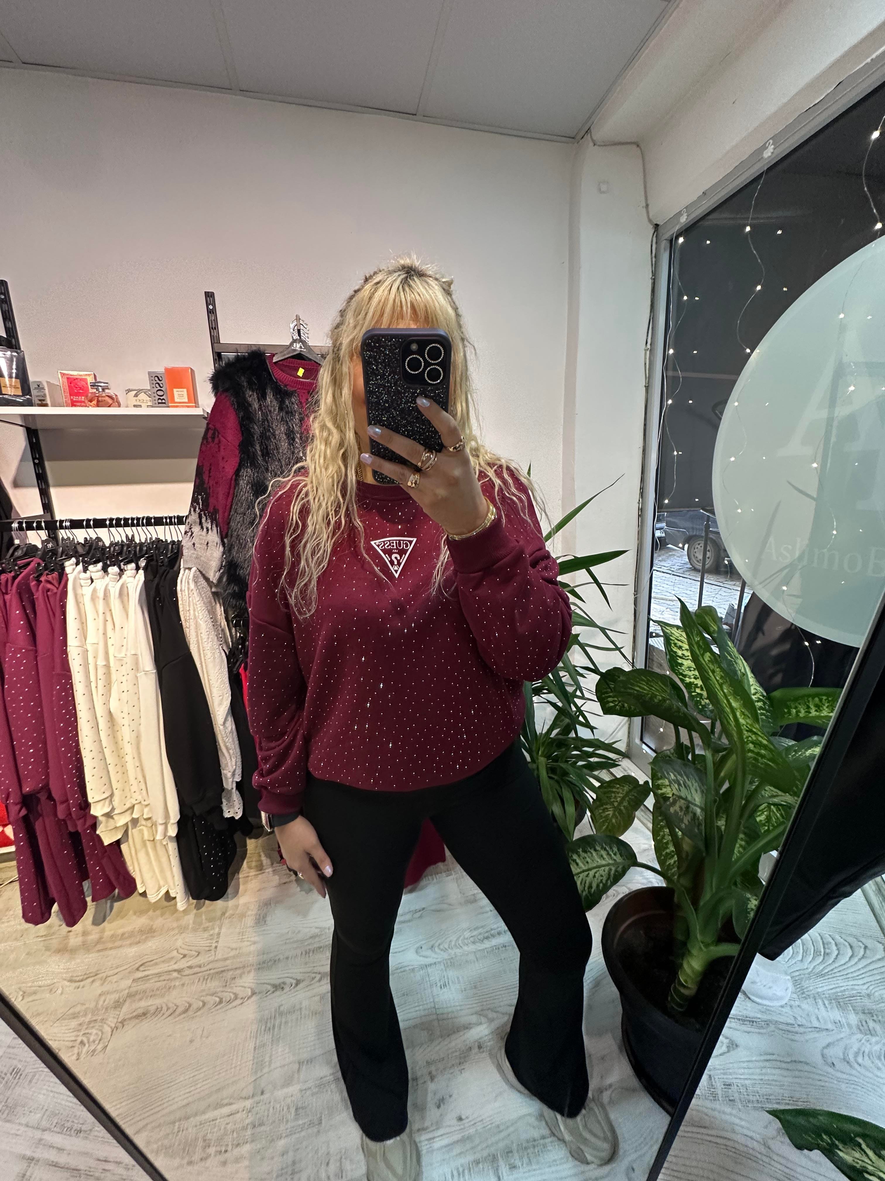 Marka Model Taşlı Bordo Sweat