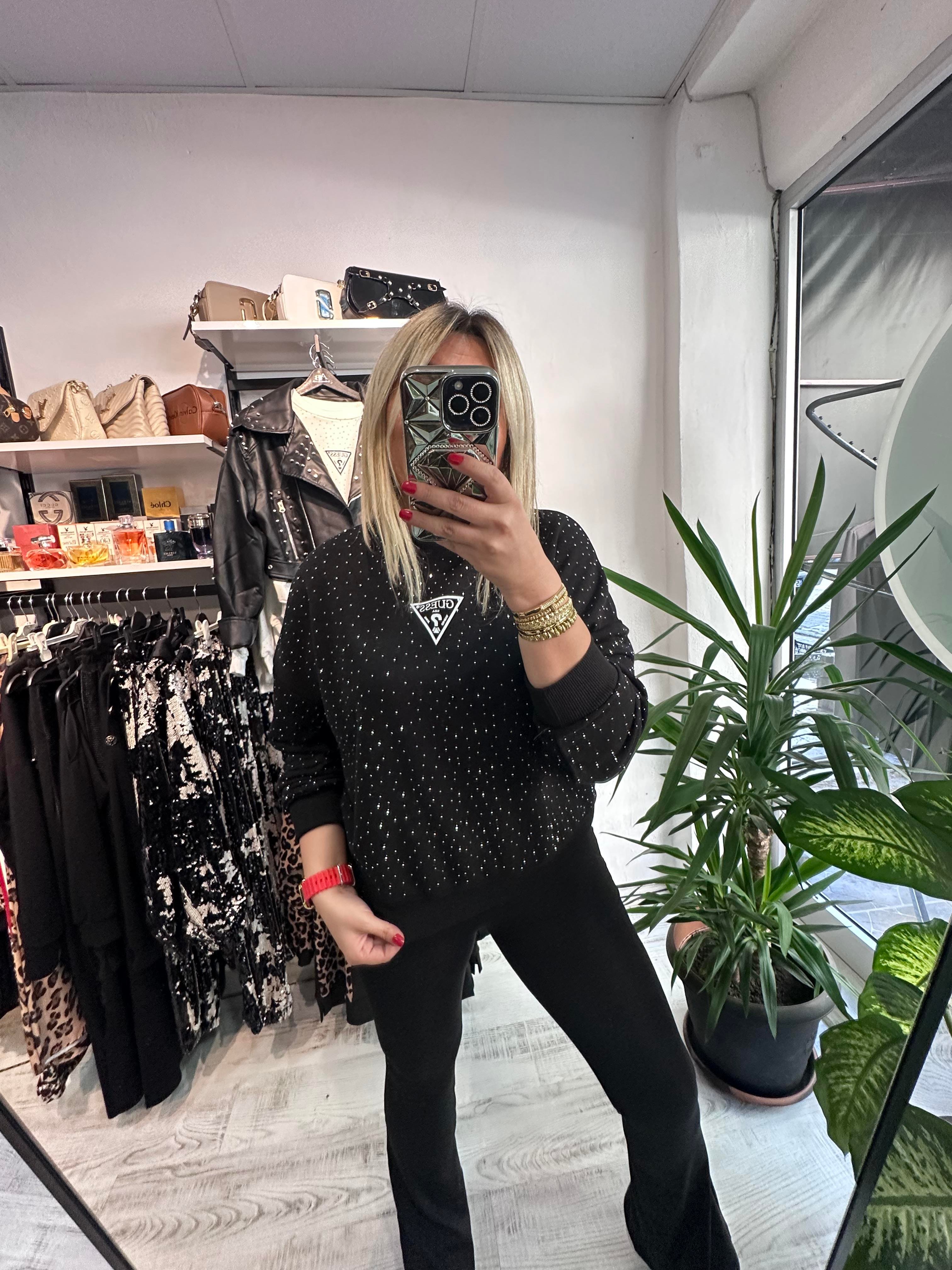 Marka Model Taşlı Siyah Sweat