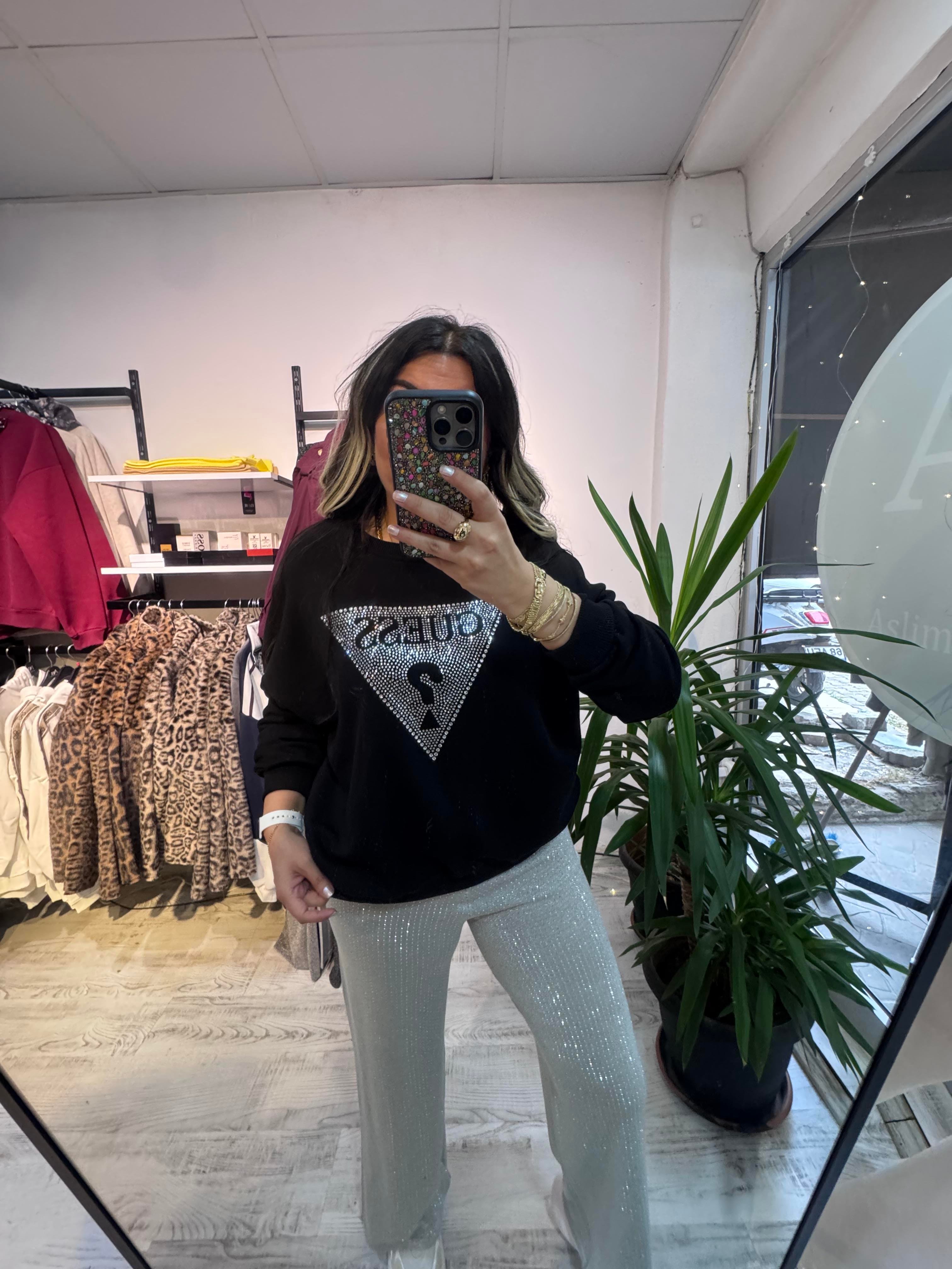 Marka Model Taşlı Siyah Sweat