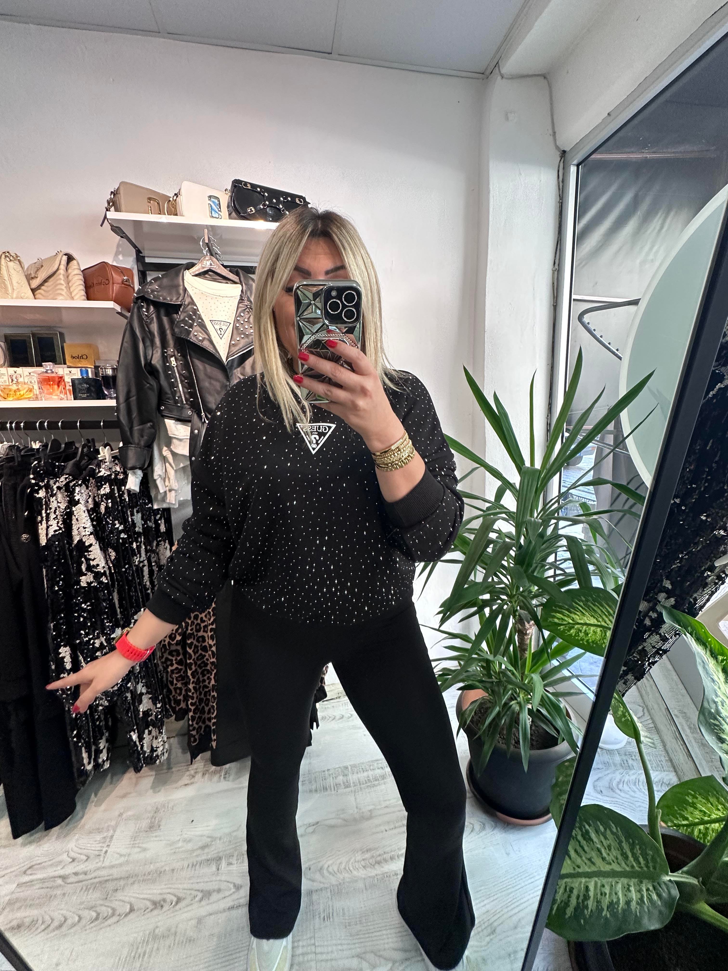 Marka Model Taşlı Siyah Sweat