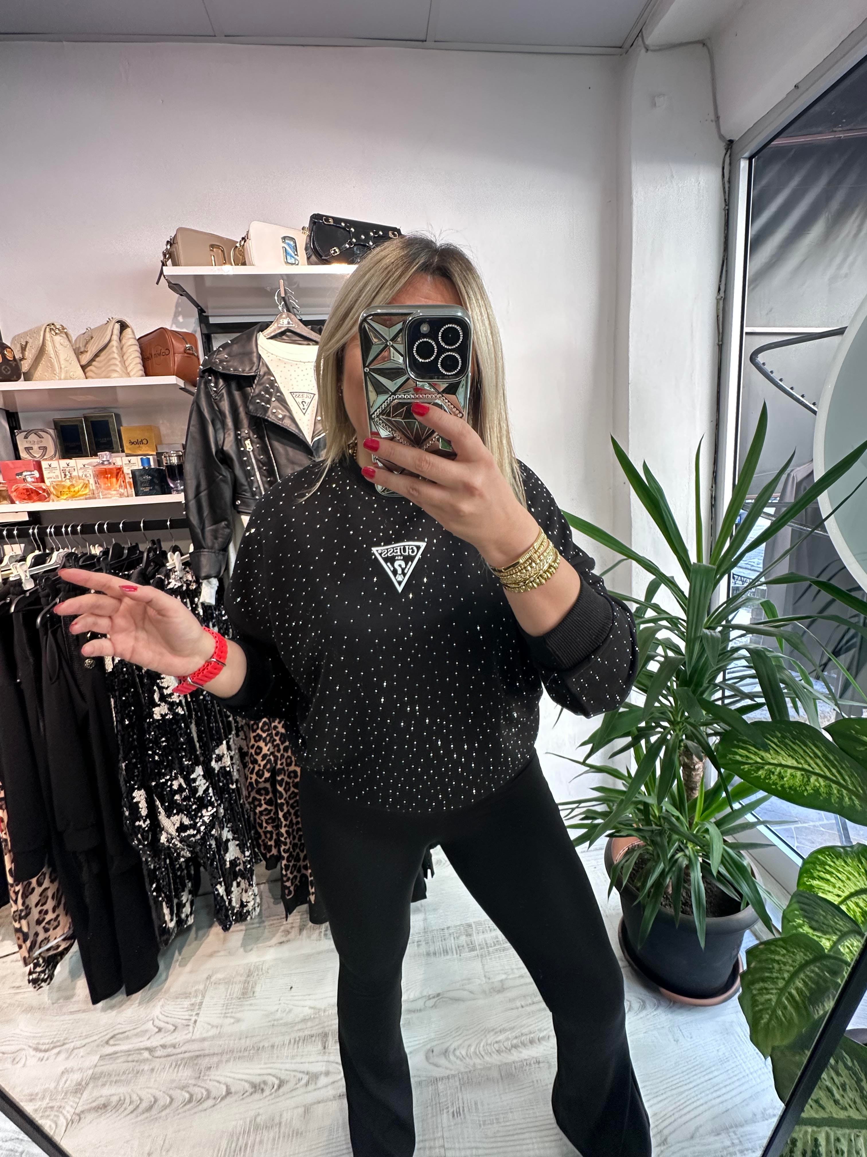 Marka Model Taşlı Siyah Sweat