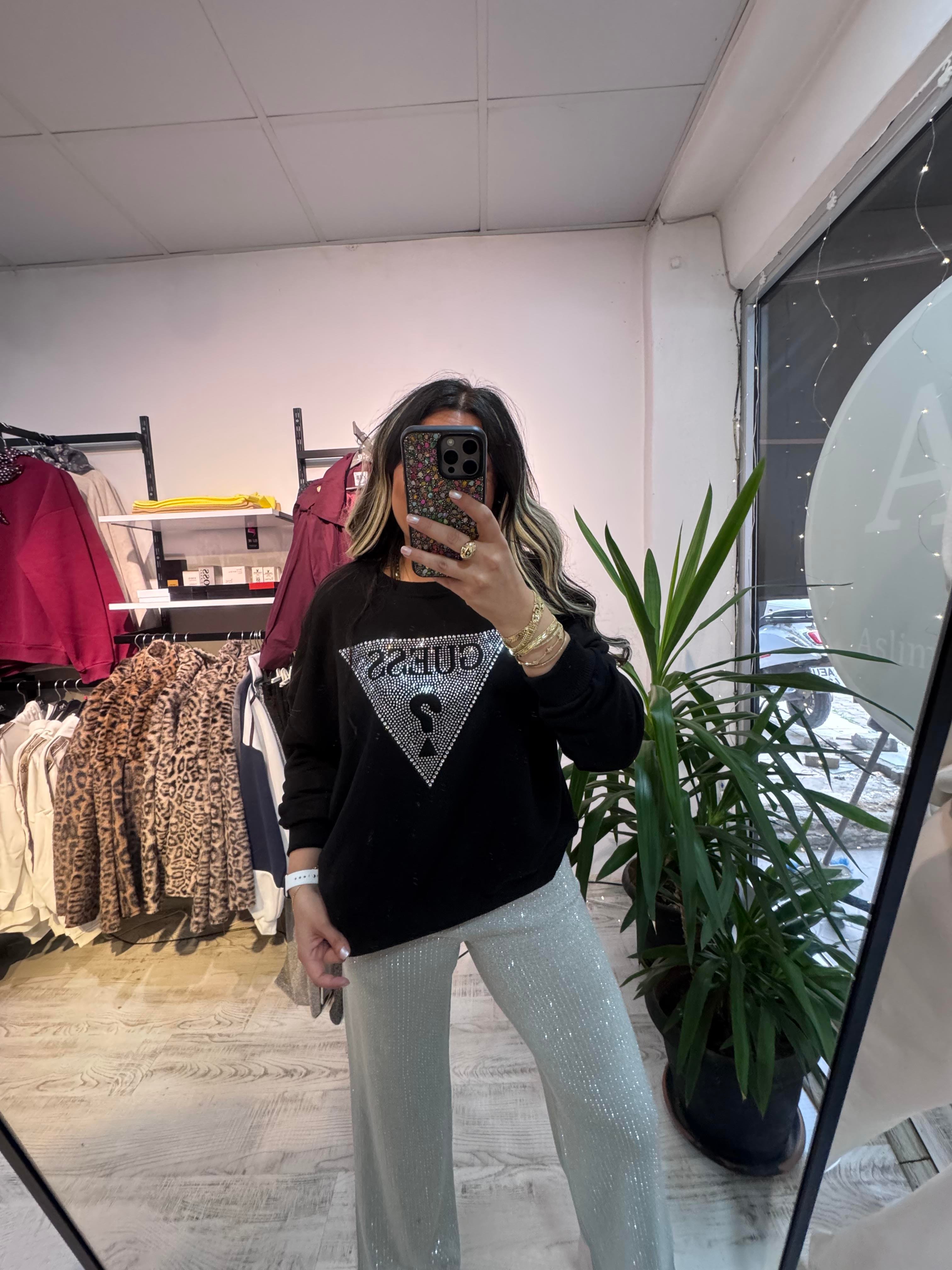 Marka Model Taşlı Siyah Sweat