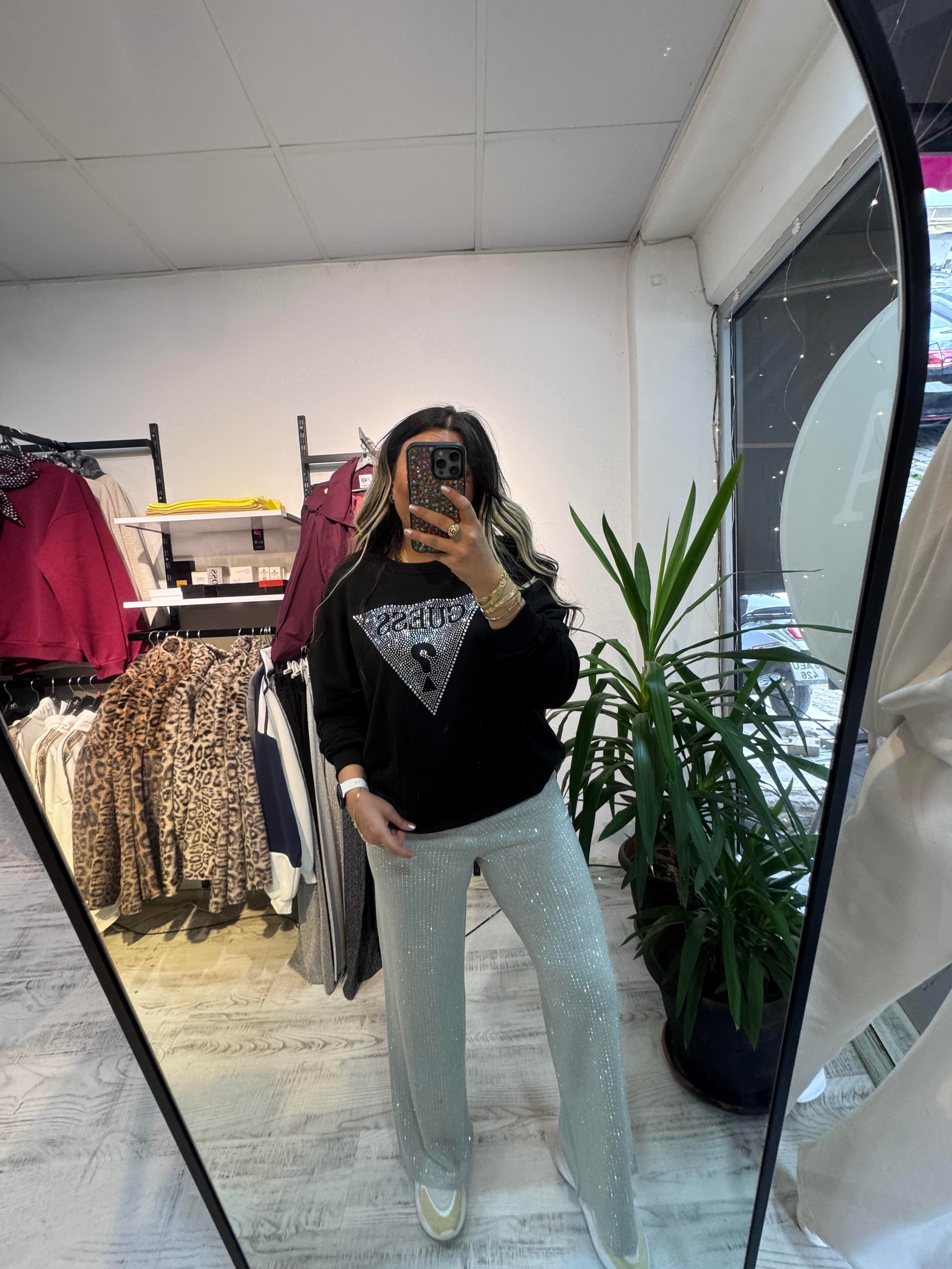 Marka Model Taşlı Siyah Sweat