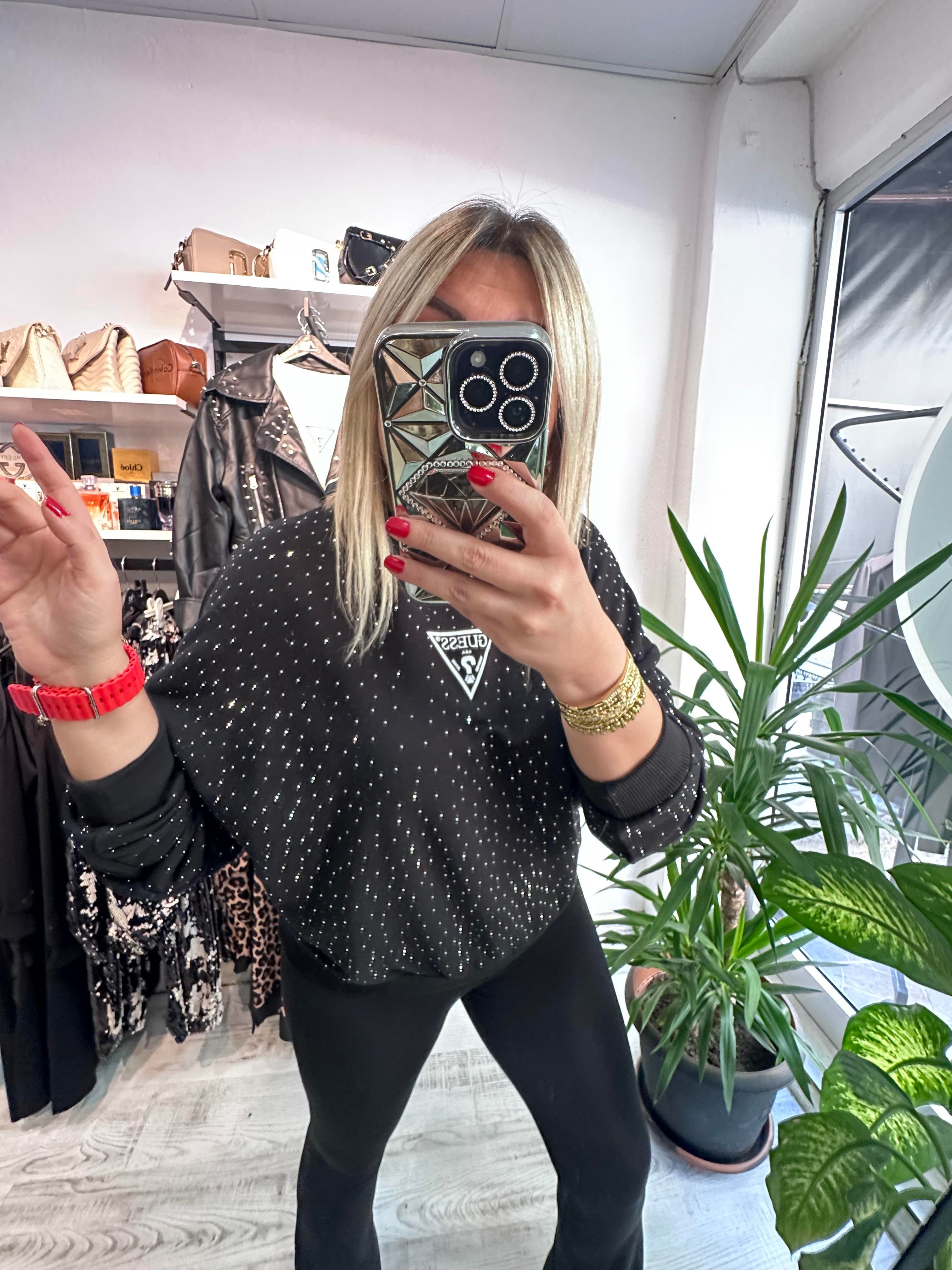 Marka Model Taşlı Siyah Sweat