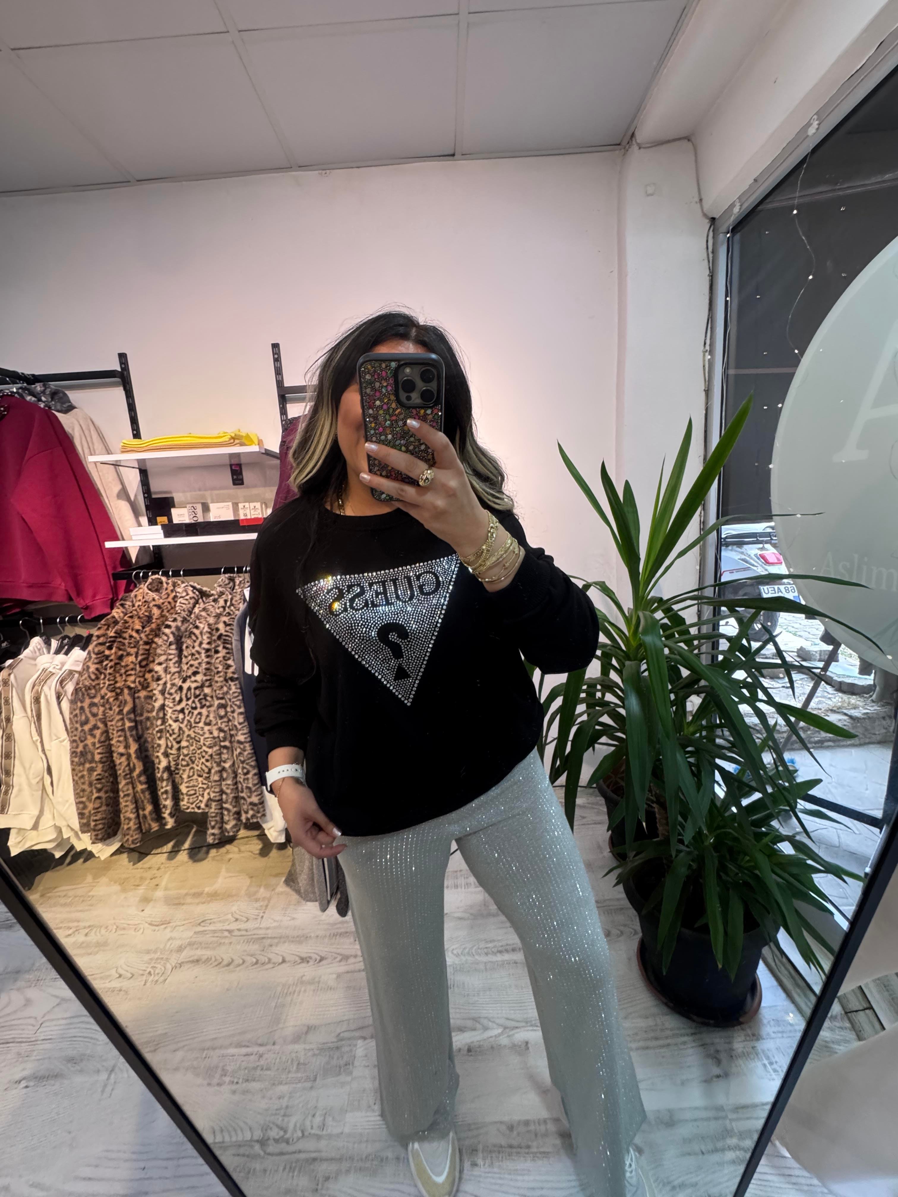 Marka Model Taşlı Siyah Sweat