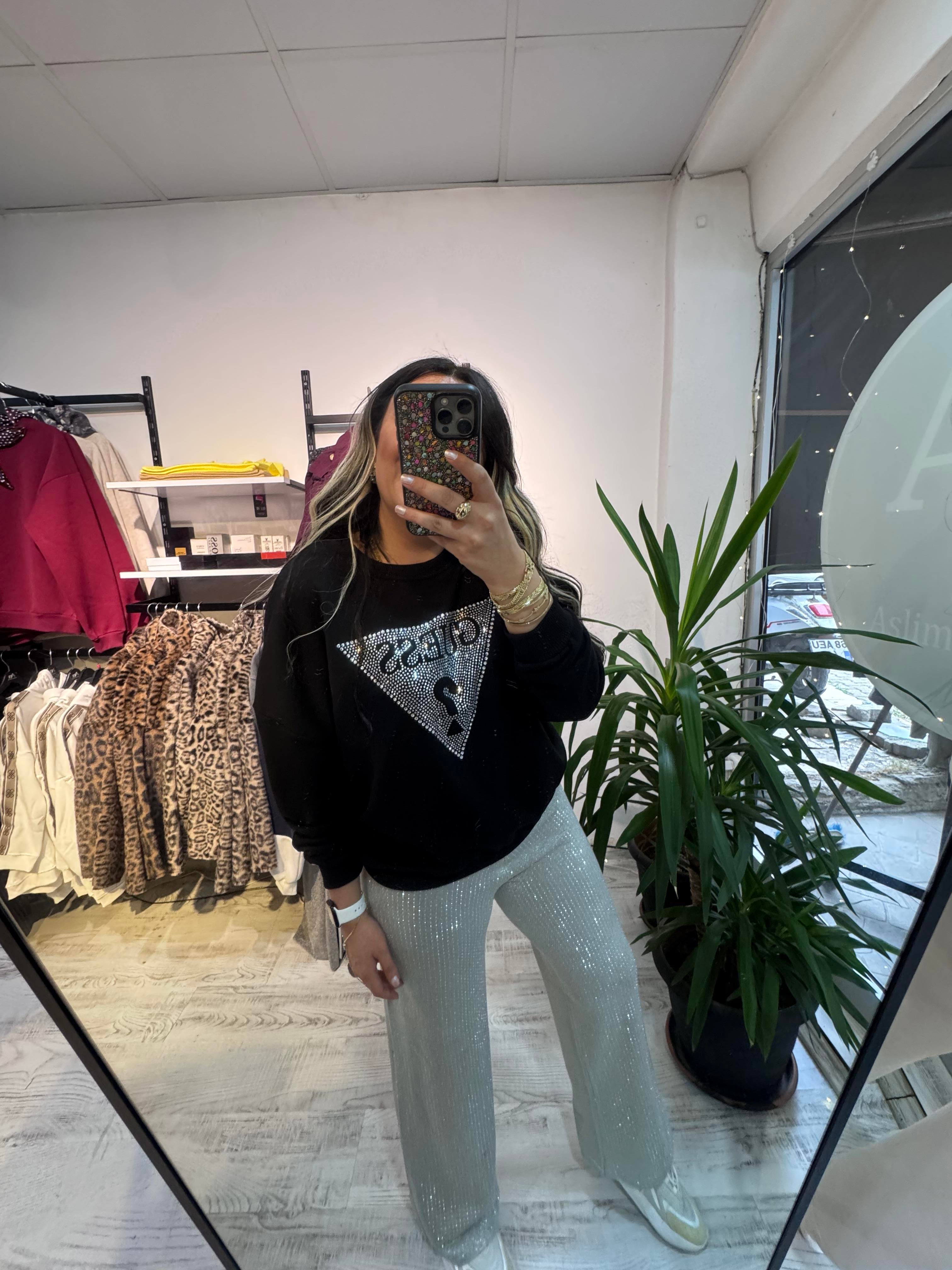 Marka Model Taşlı Siyah Sweat