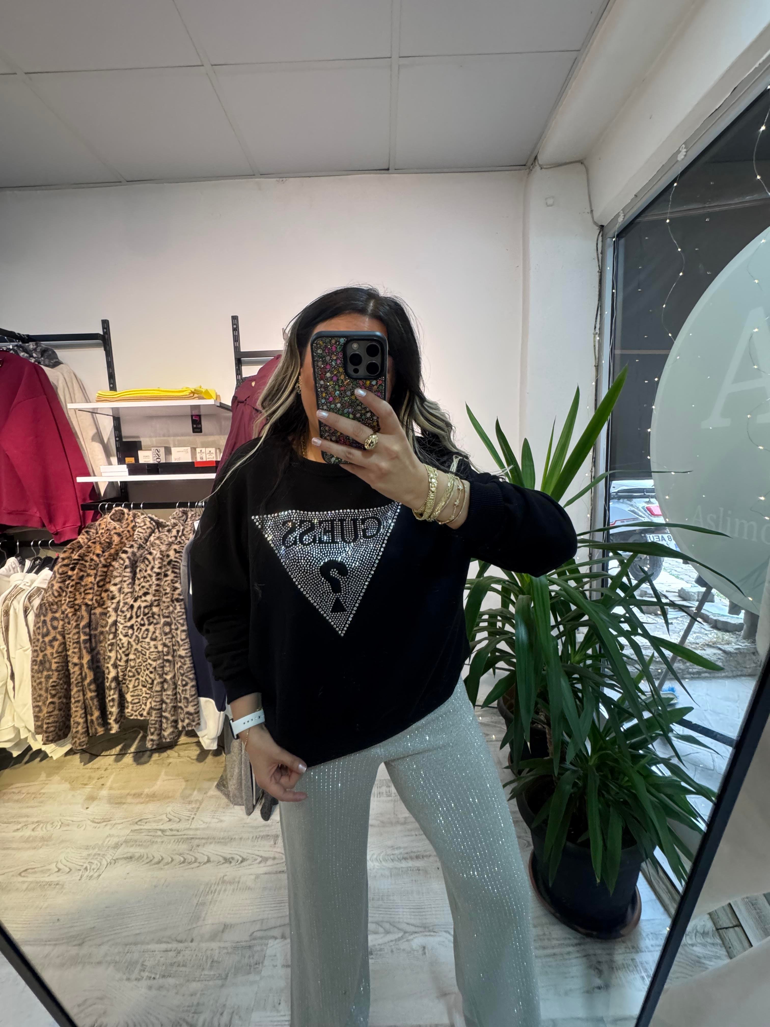 Marka Model Taşlı Siyah Sweat