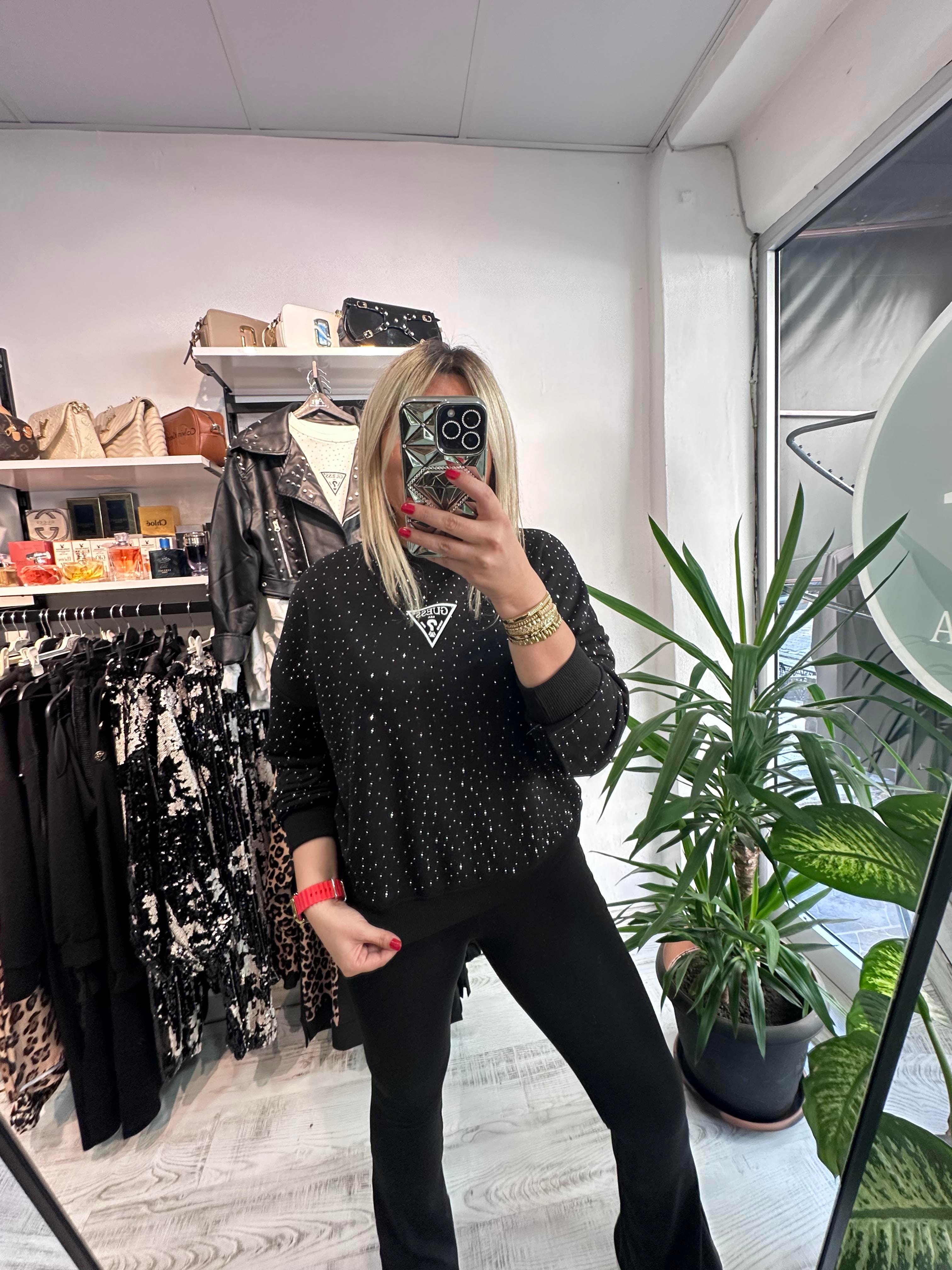 Marka Model Taşlı Siyah Sweat