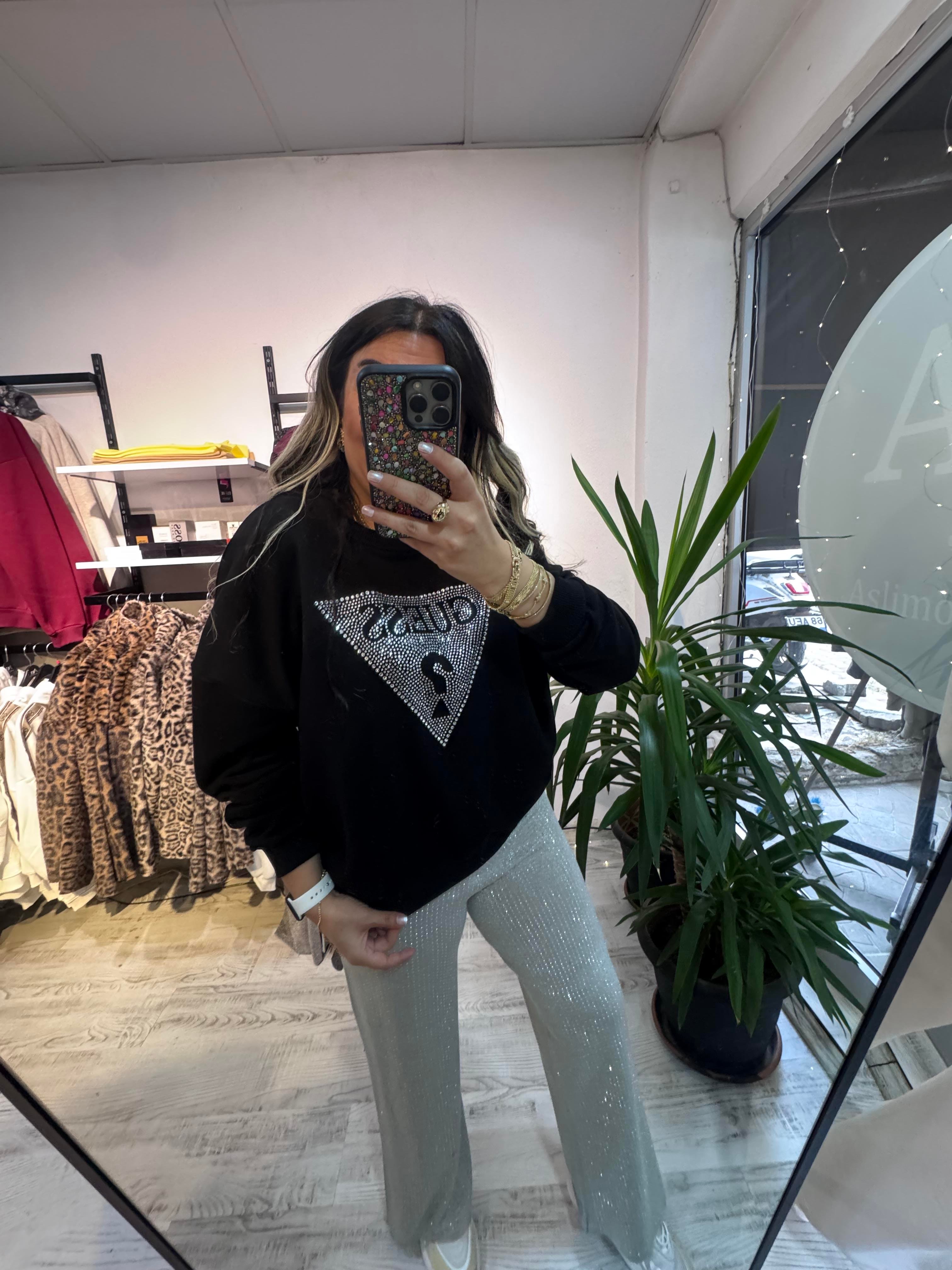 Marka Model Taşlı Siyah Sweat