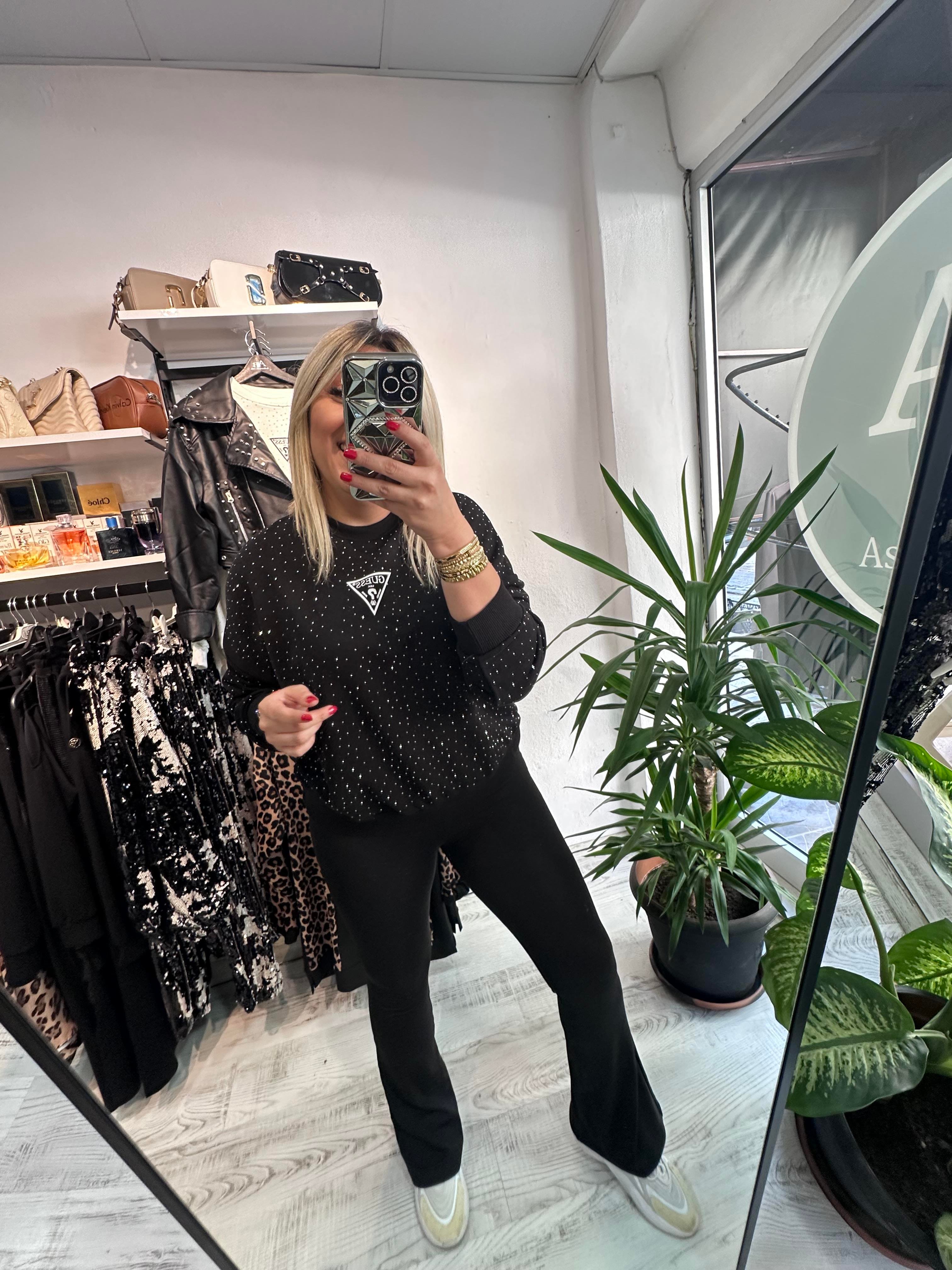 Marka Model Taşlı Siyah Sweat