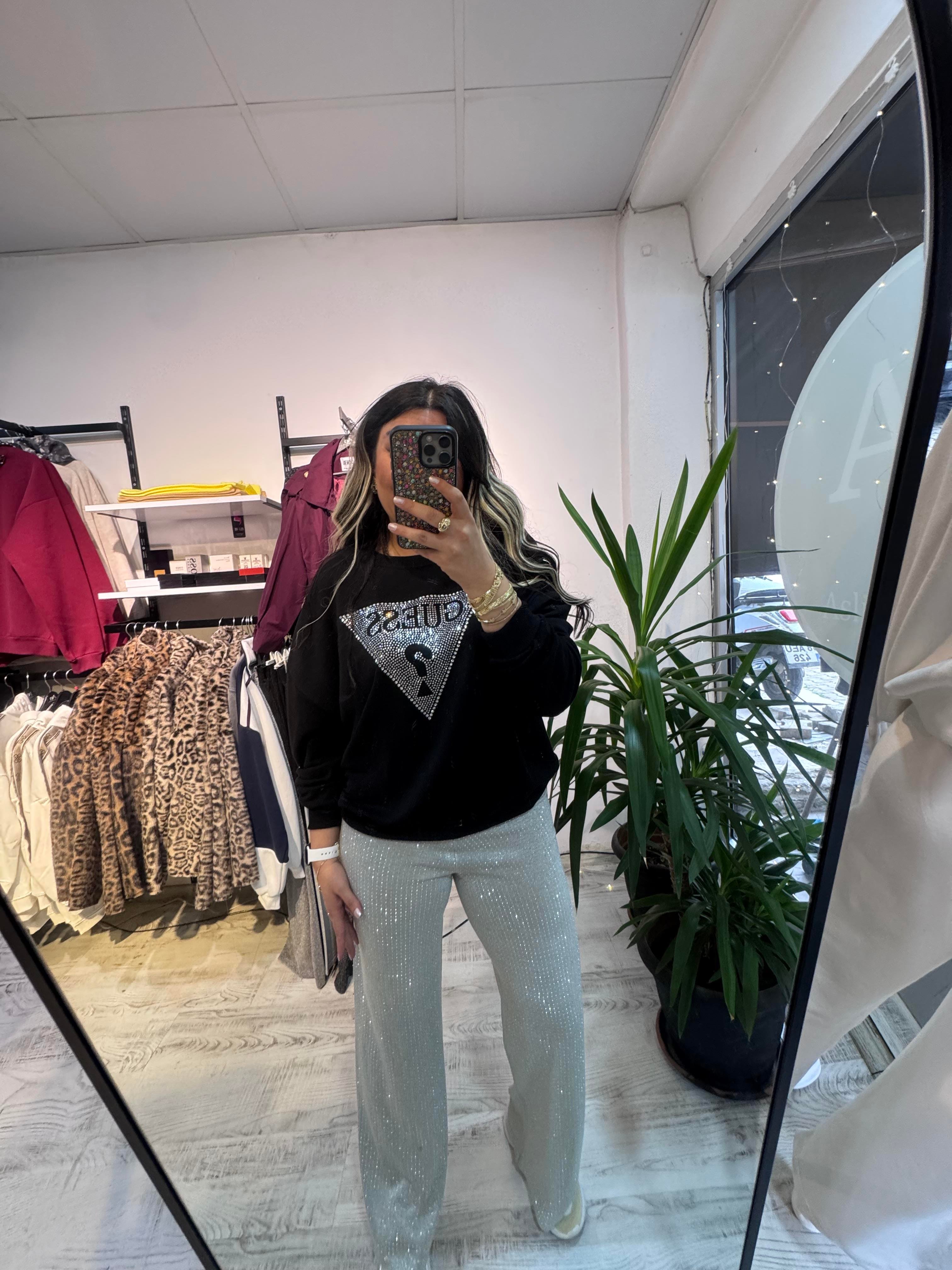 Marka Model Taşlı Siyah Sweat