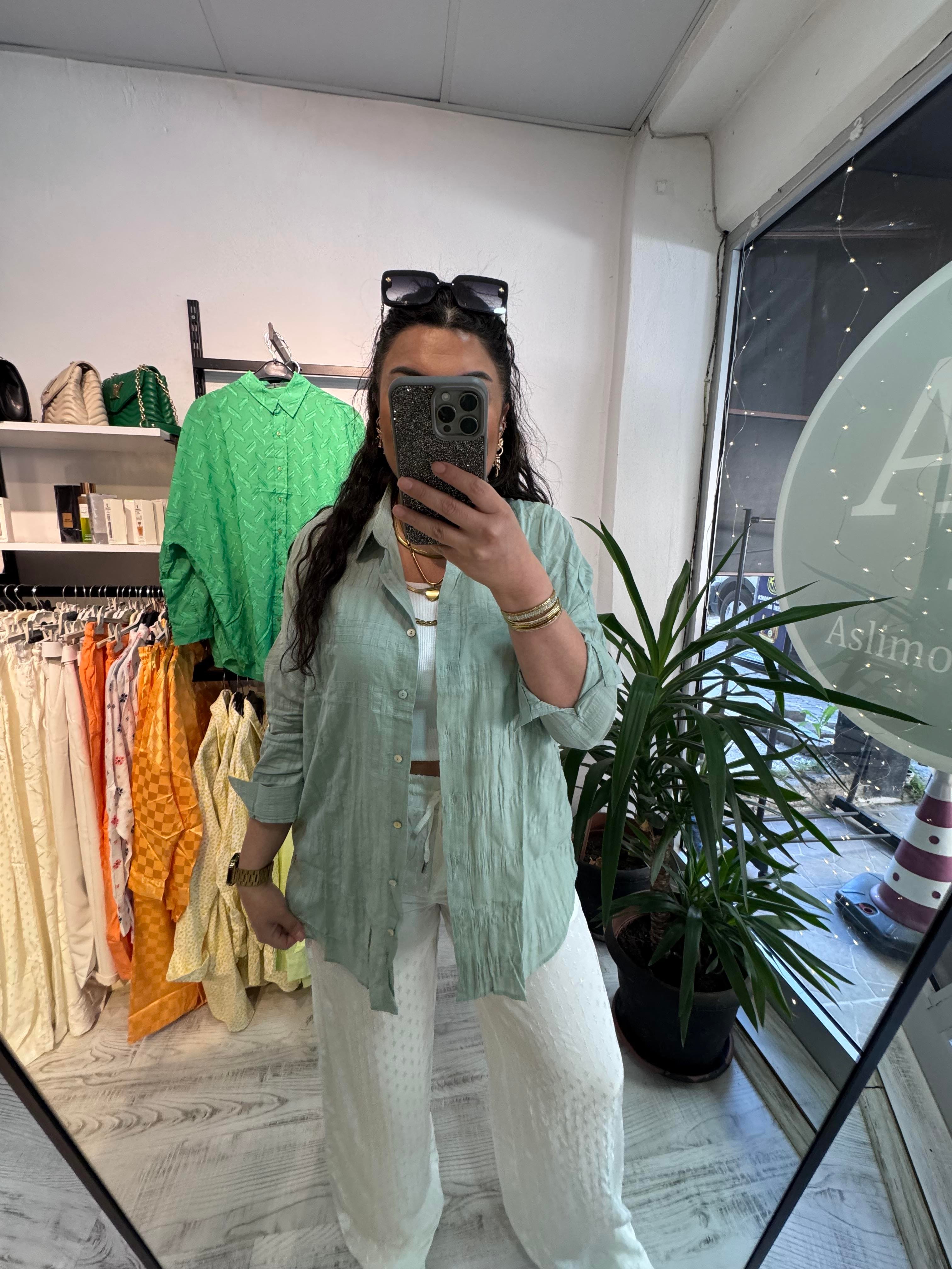 Mint Yeşili Keten Gömlek