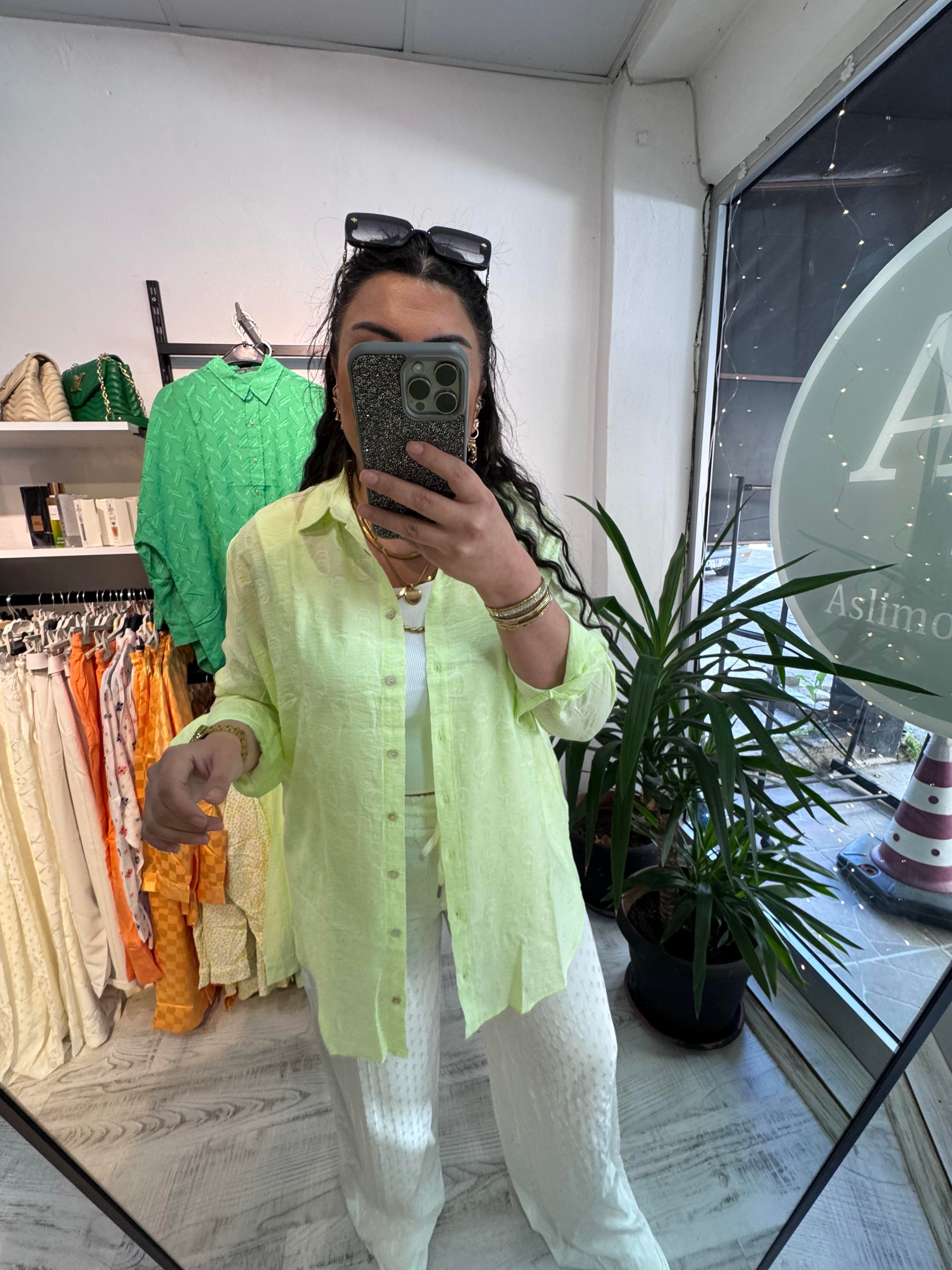 Neon Yeşil Jakarlı Gömlek