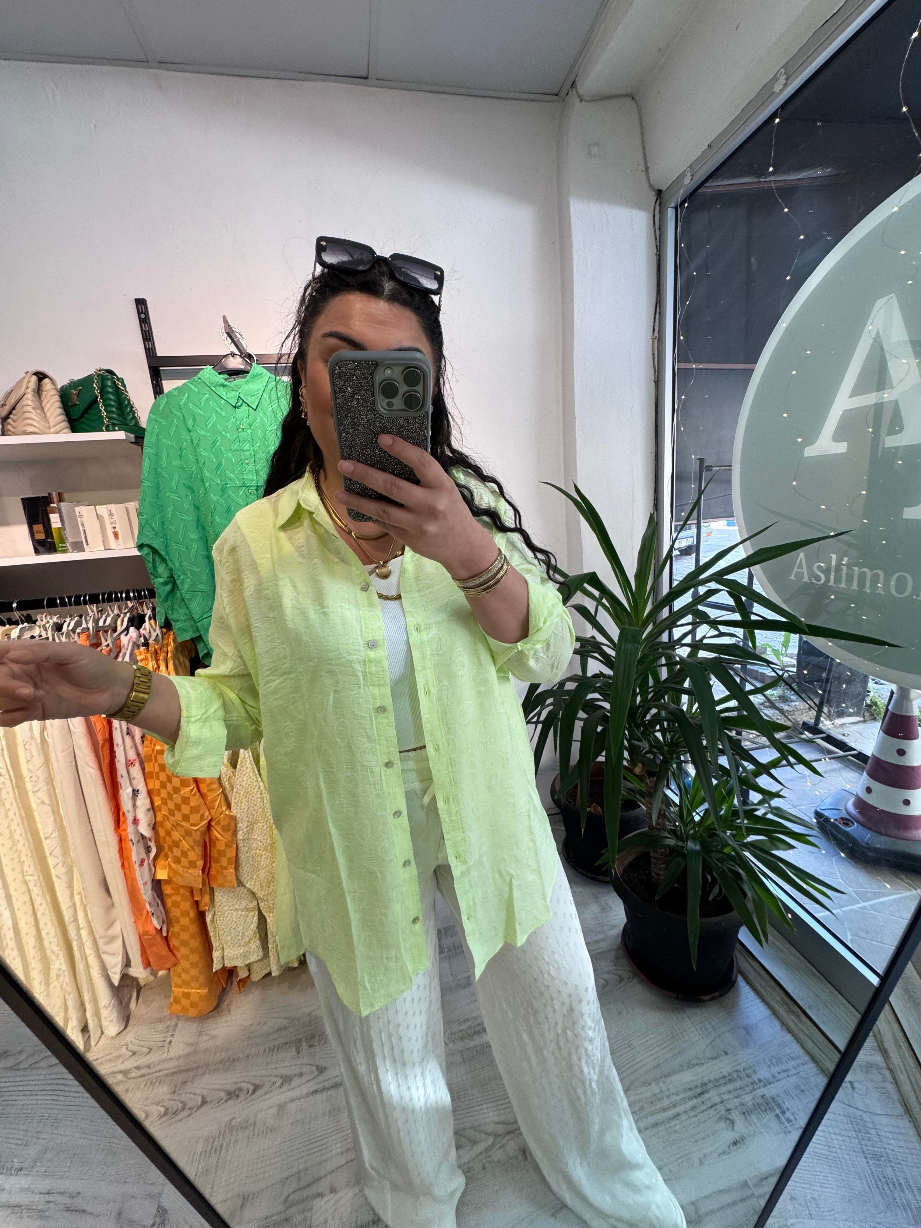 Neon Yeşil Jakarlı Gömlek