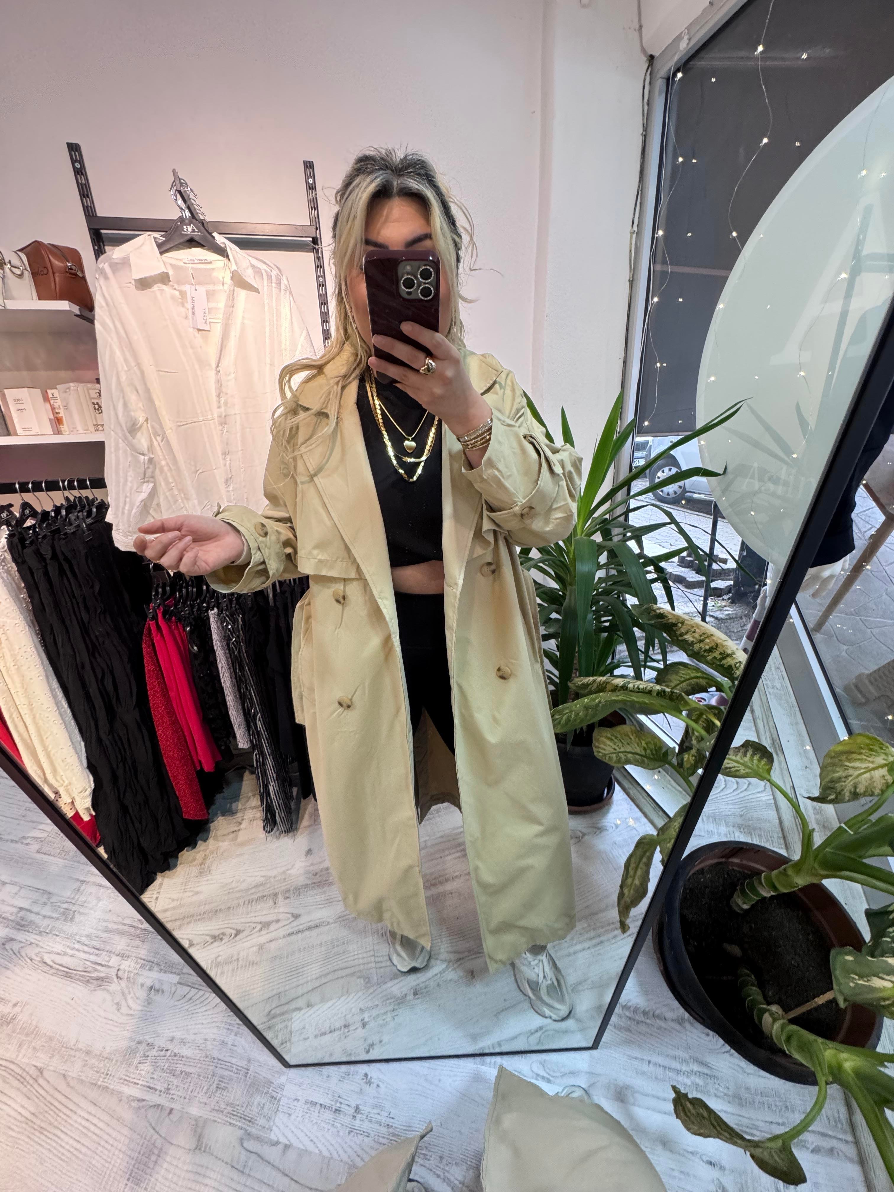 Premium Kalite Bej Trench