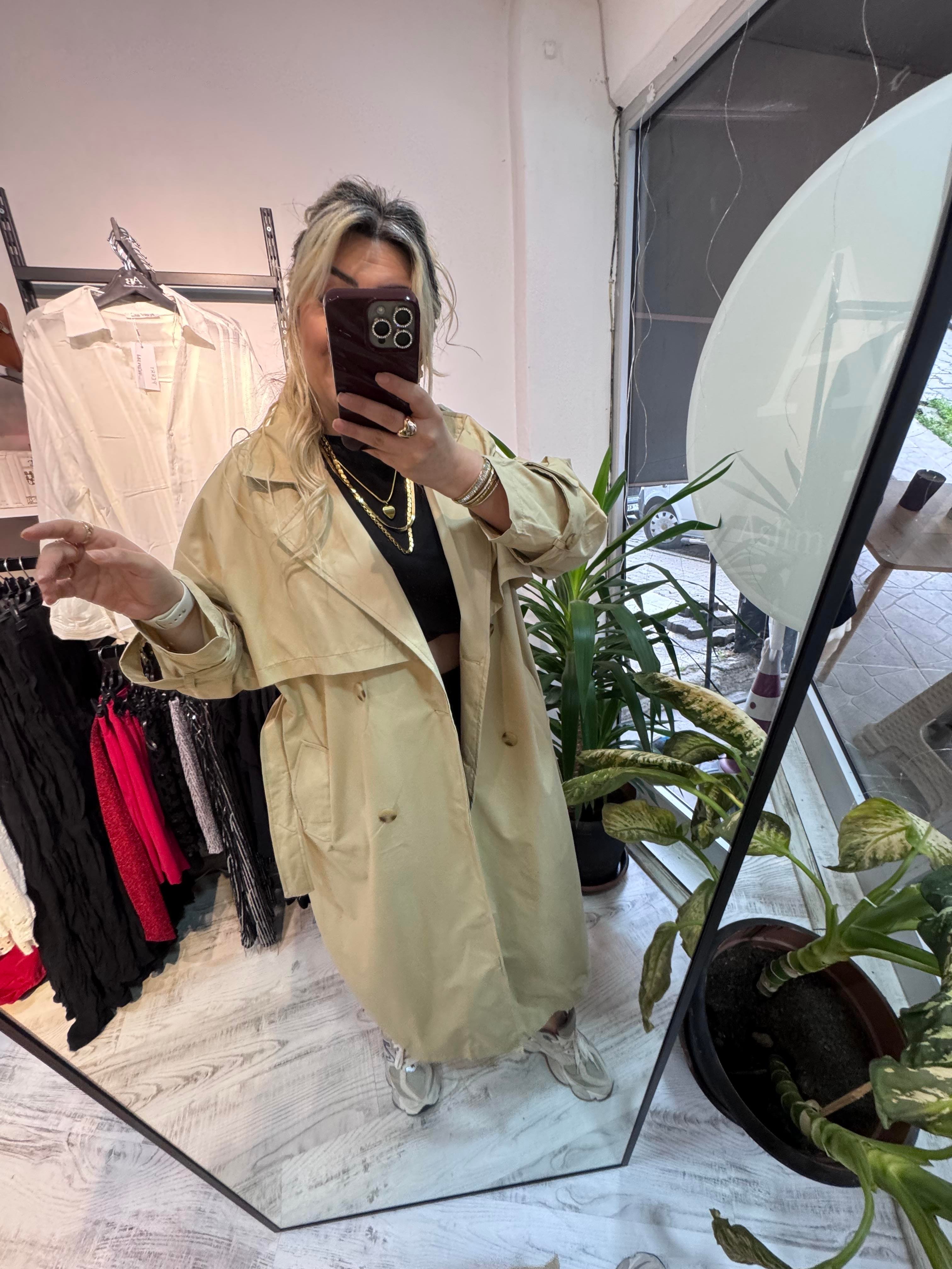 Premium Kalite Bej Trench