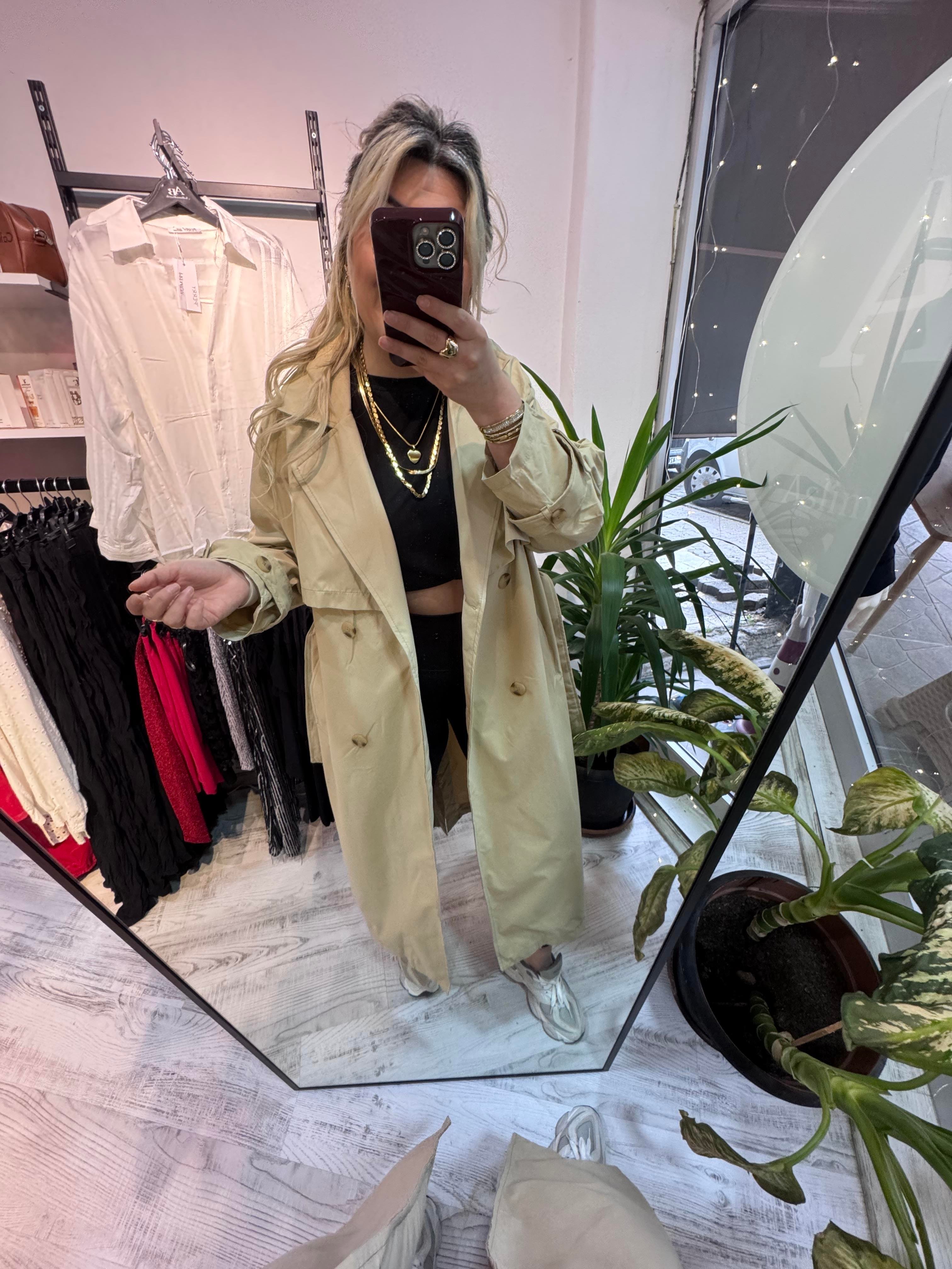 Premium Kalite Bej Trench