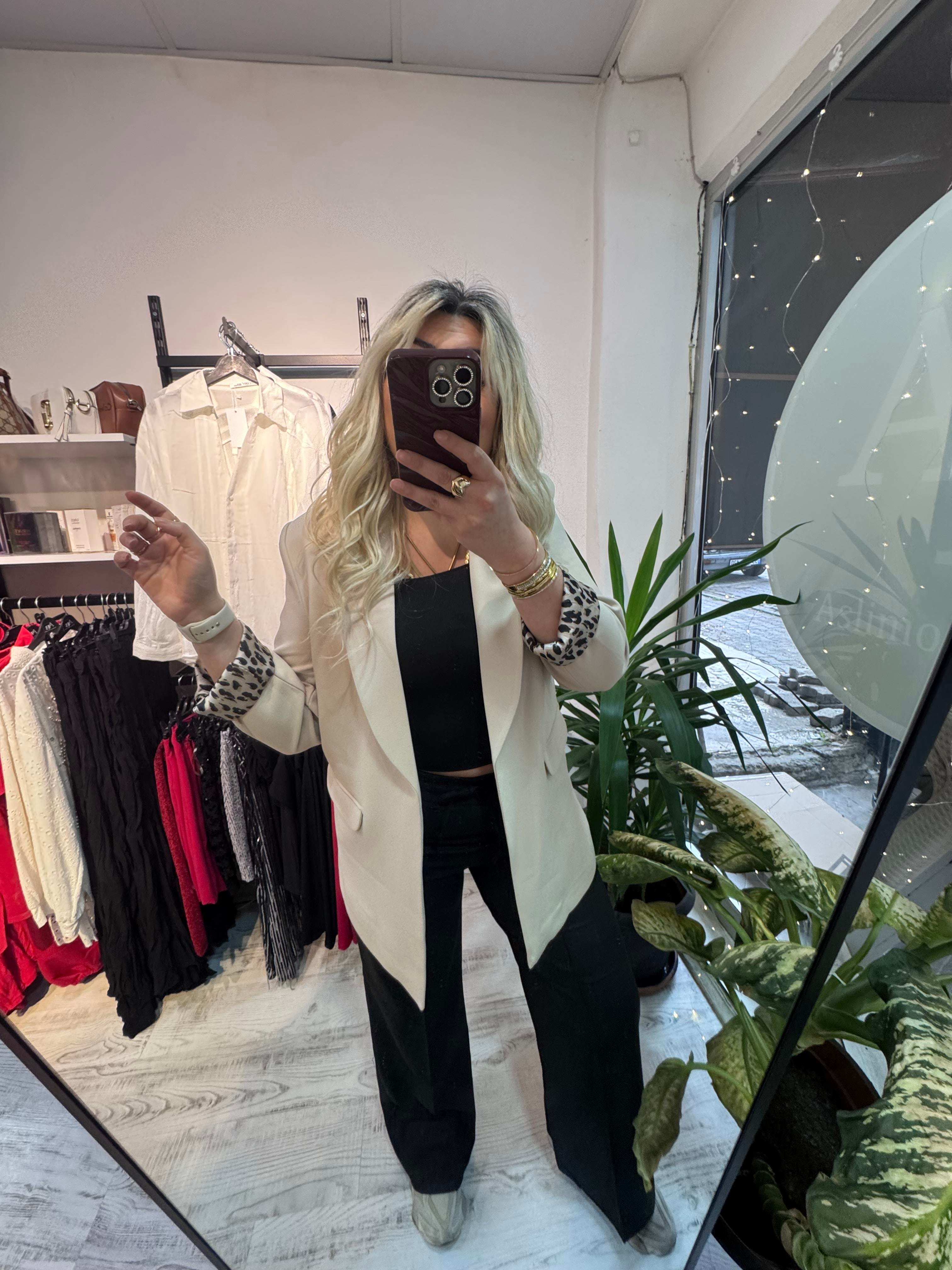 Premium Kalite Leopar Detaylı Bej Ceket