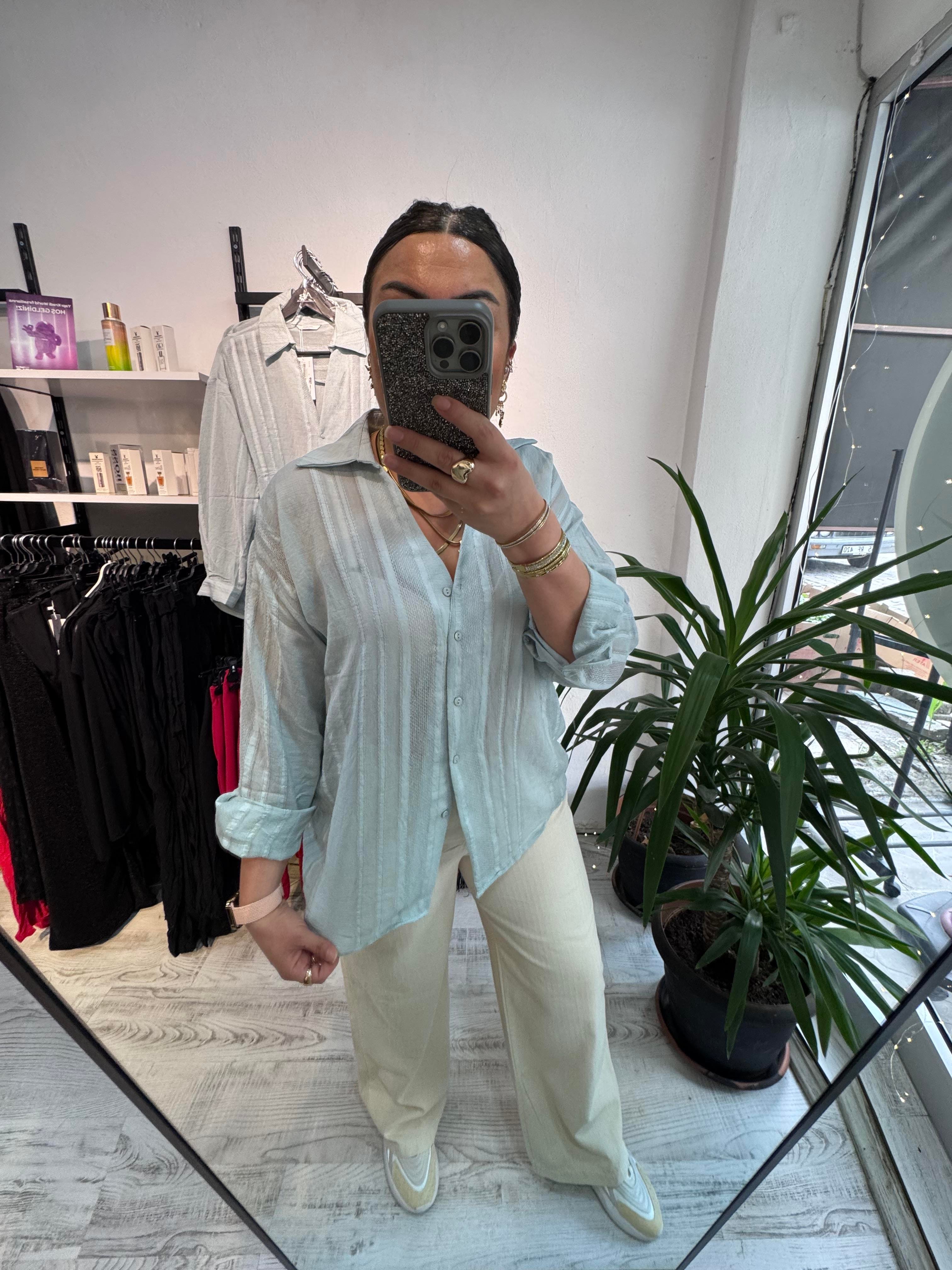 Premium Kalite Transparan Buz Mavi Gömlek