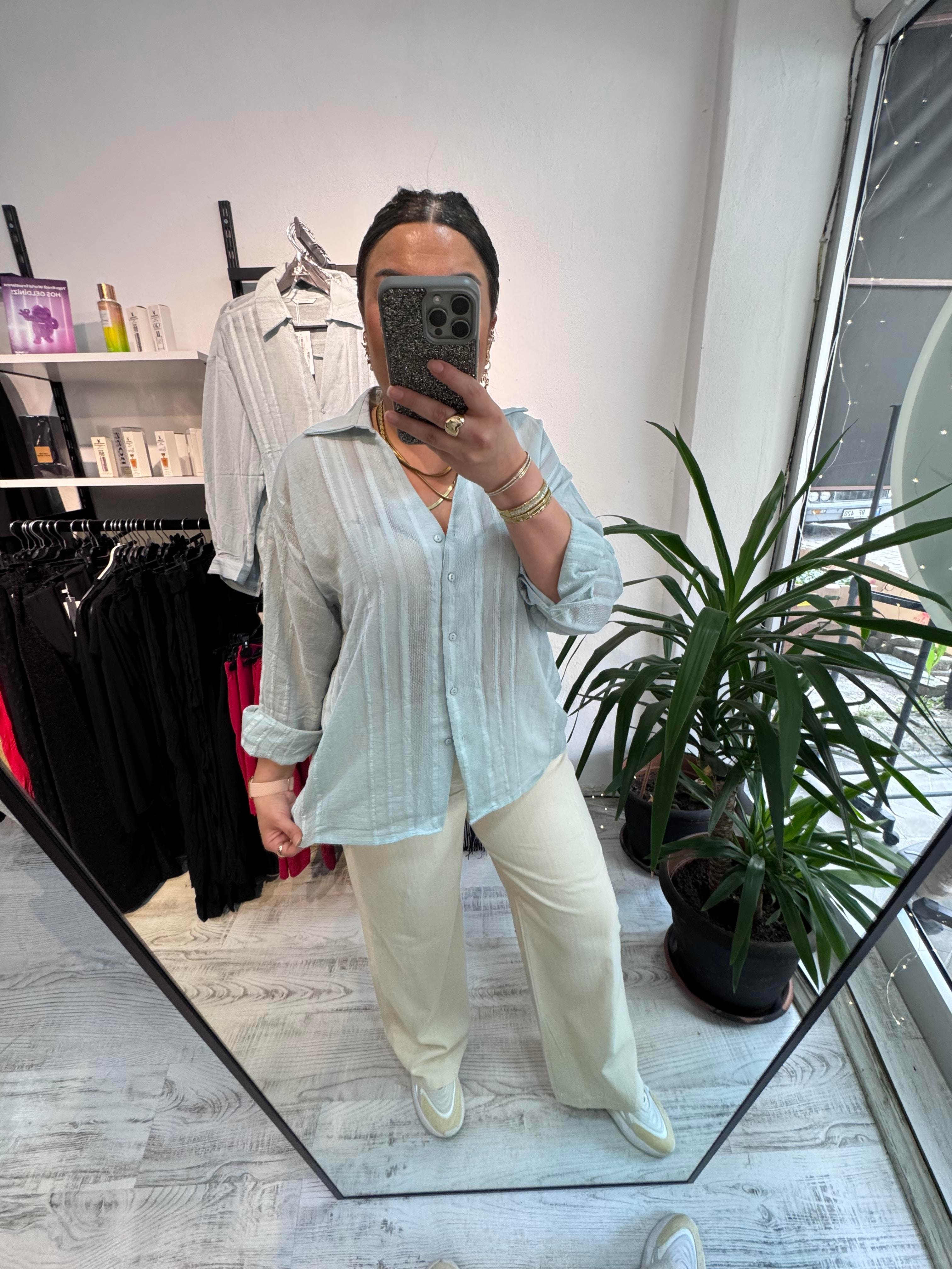 Premium Kalite Transparan Buz Mavi Gömlek