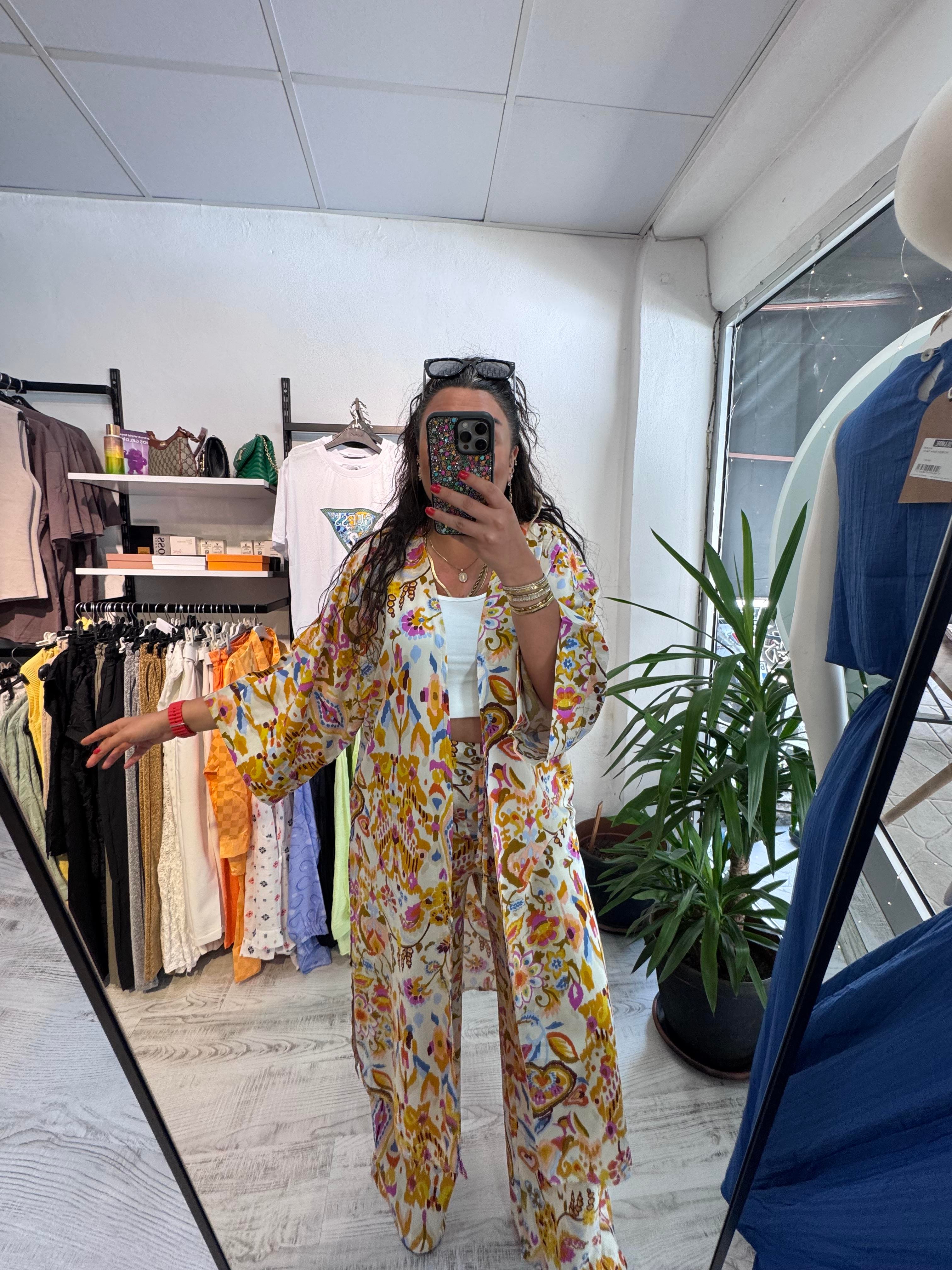 Renkli Desenli Viskon Kumaş Kimono Takım