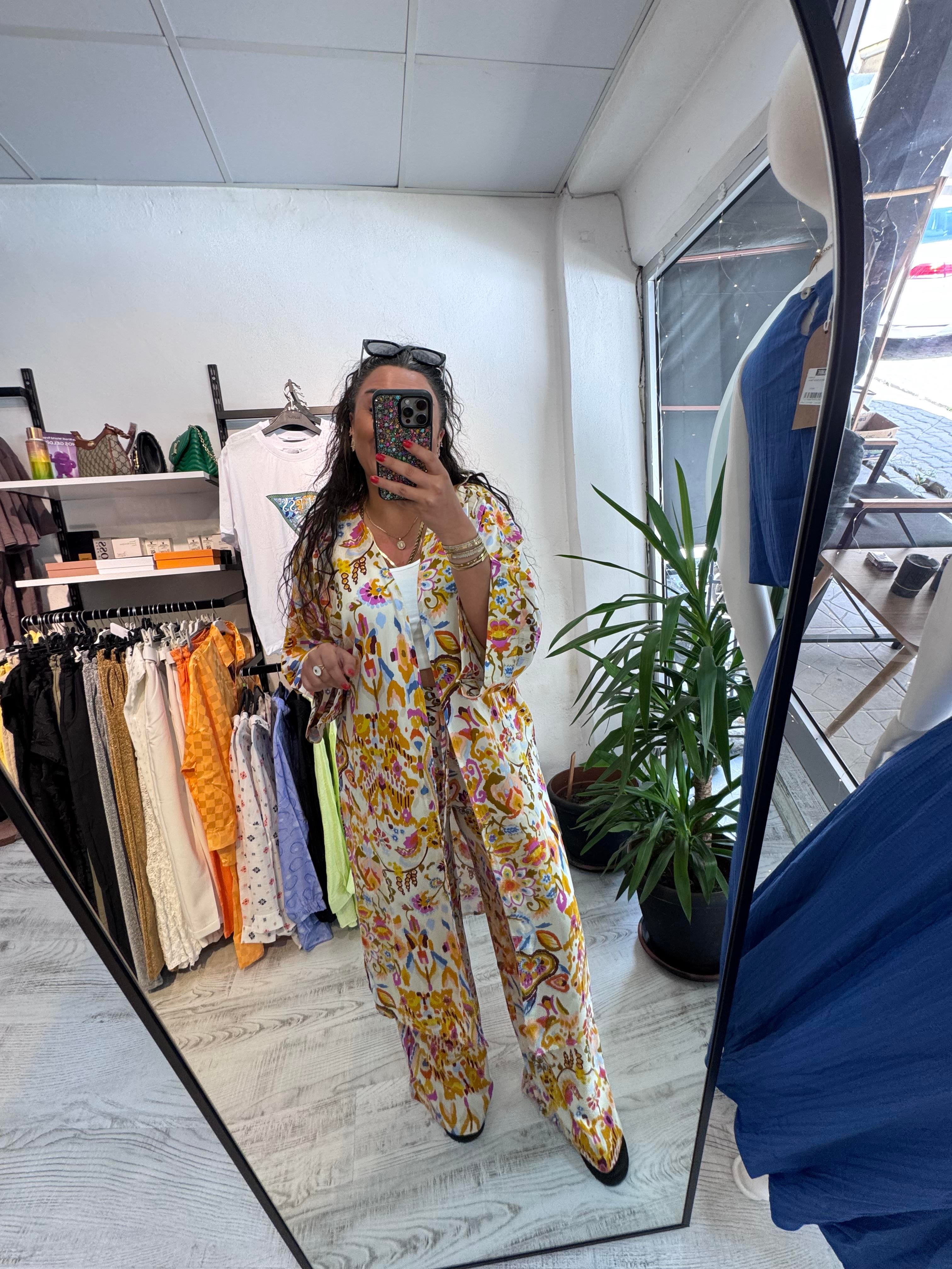 Renkli Desenli Viskon Kumaş Kimono Takım