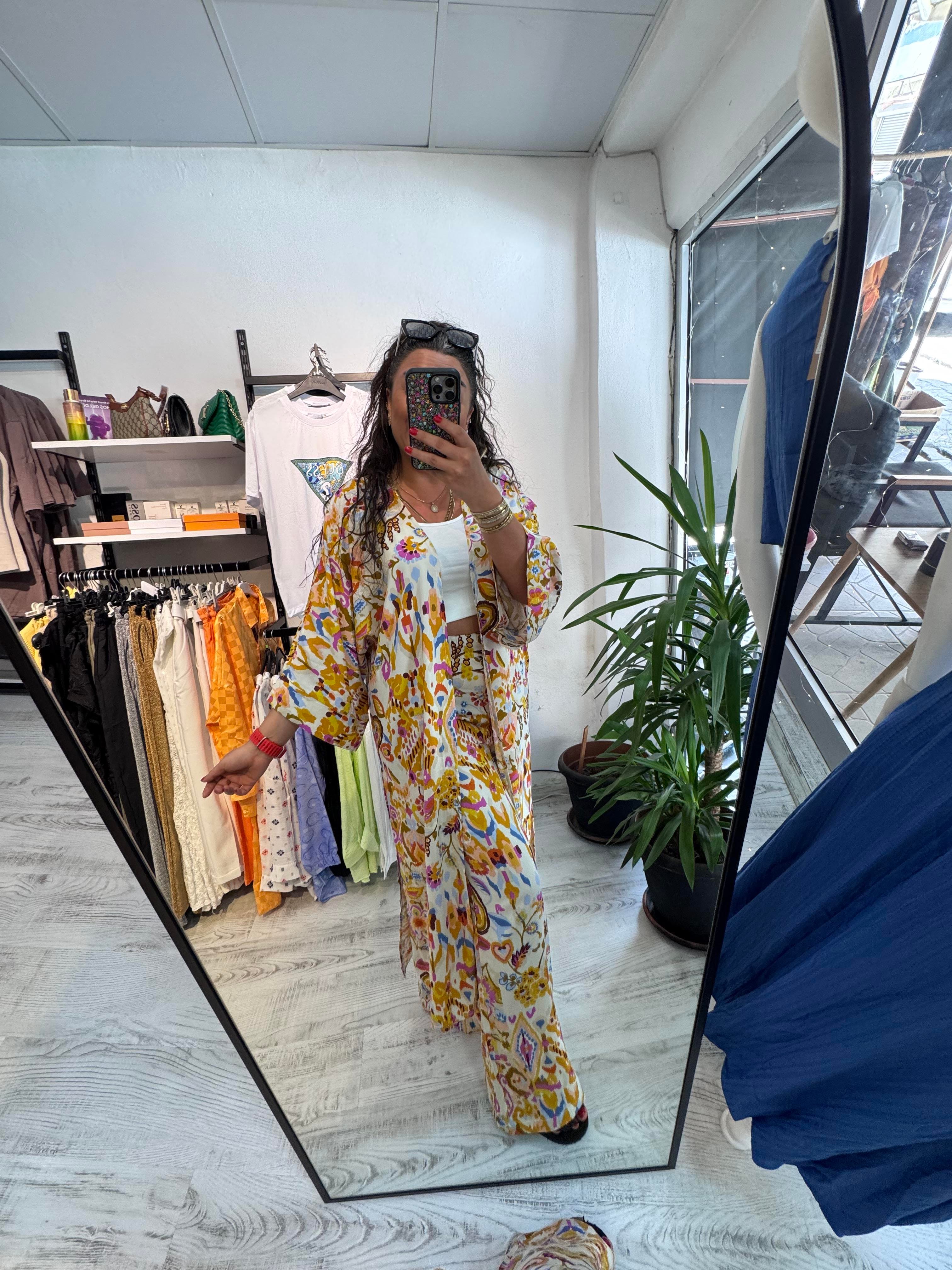 Renkli Desenli Viskon Kumaş Kimono Takım