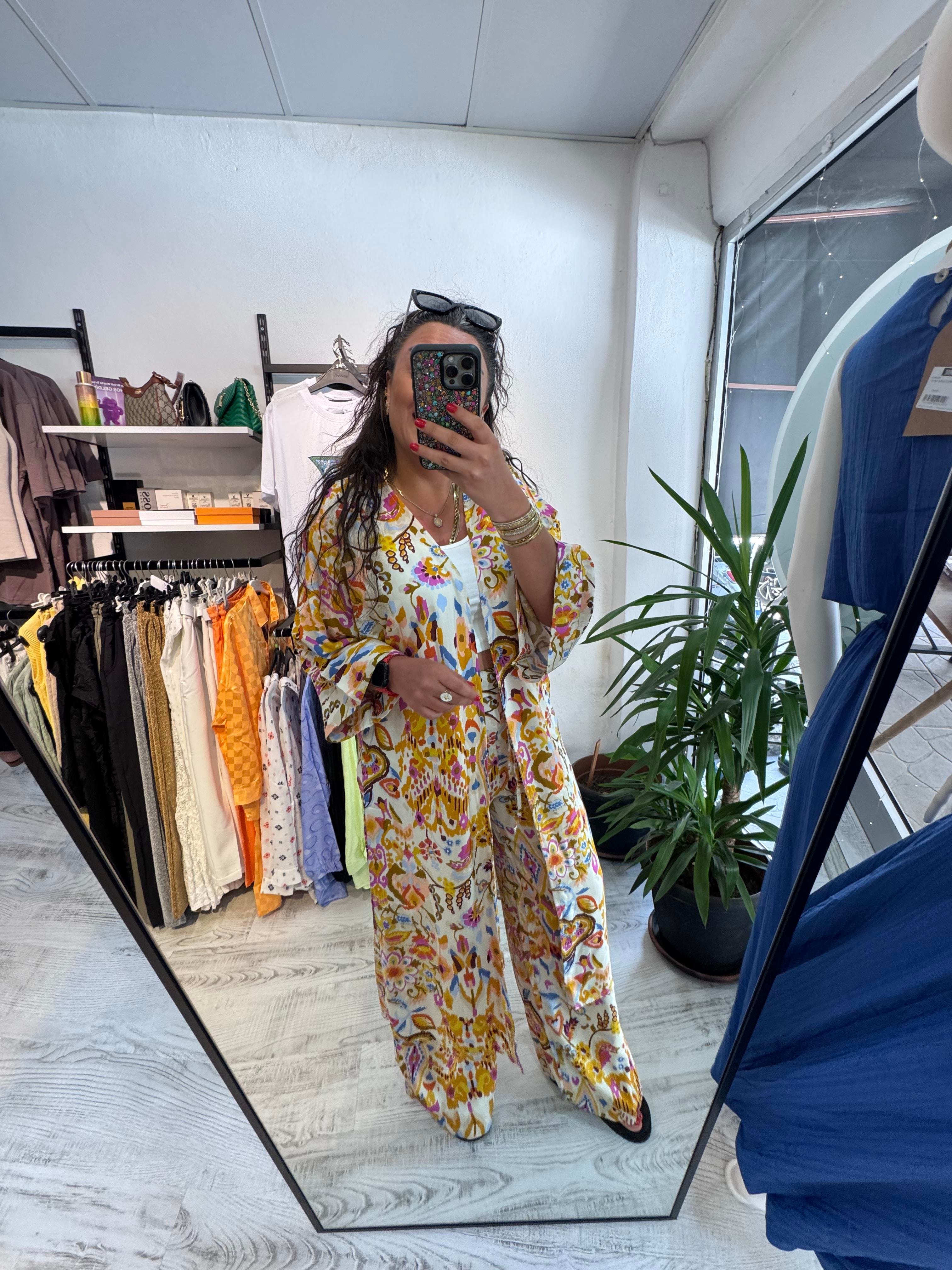 Renkli Desenli Viskon Kumaş Kimono Takım