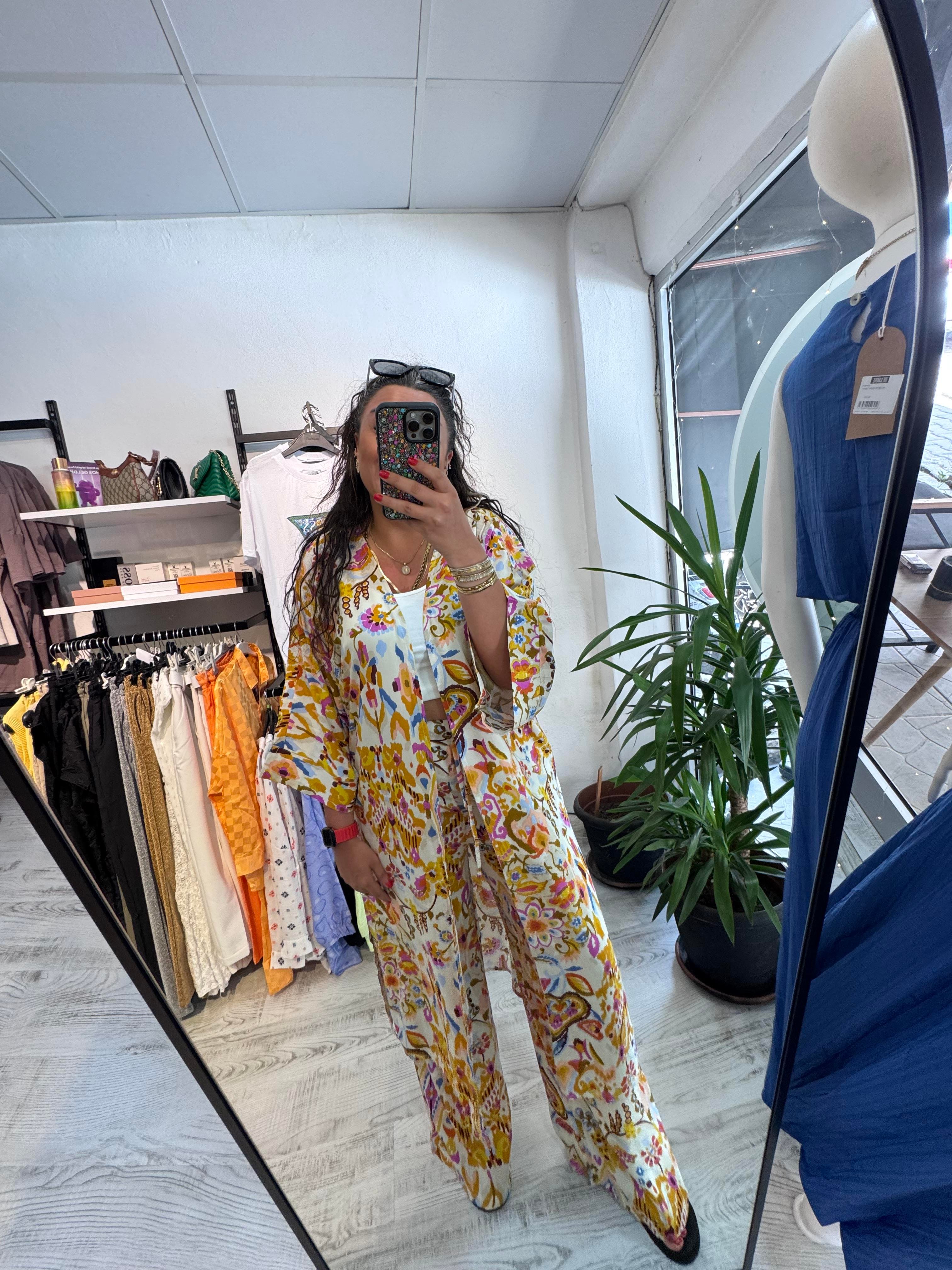 Renkli Desenli Viskon Kumaş Kimono Takım