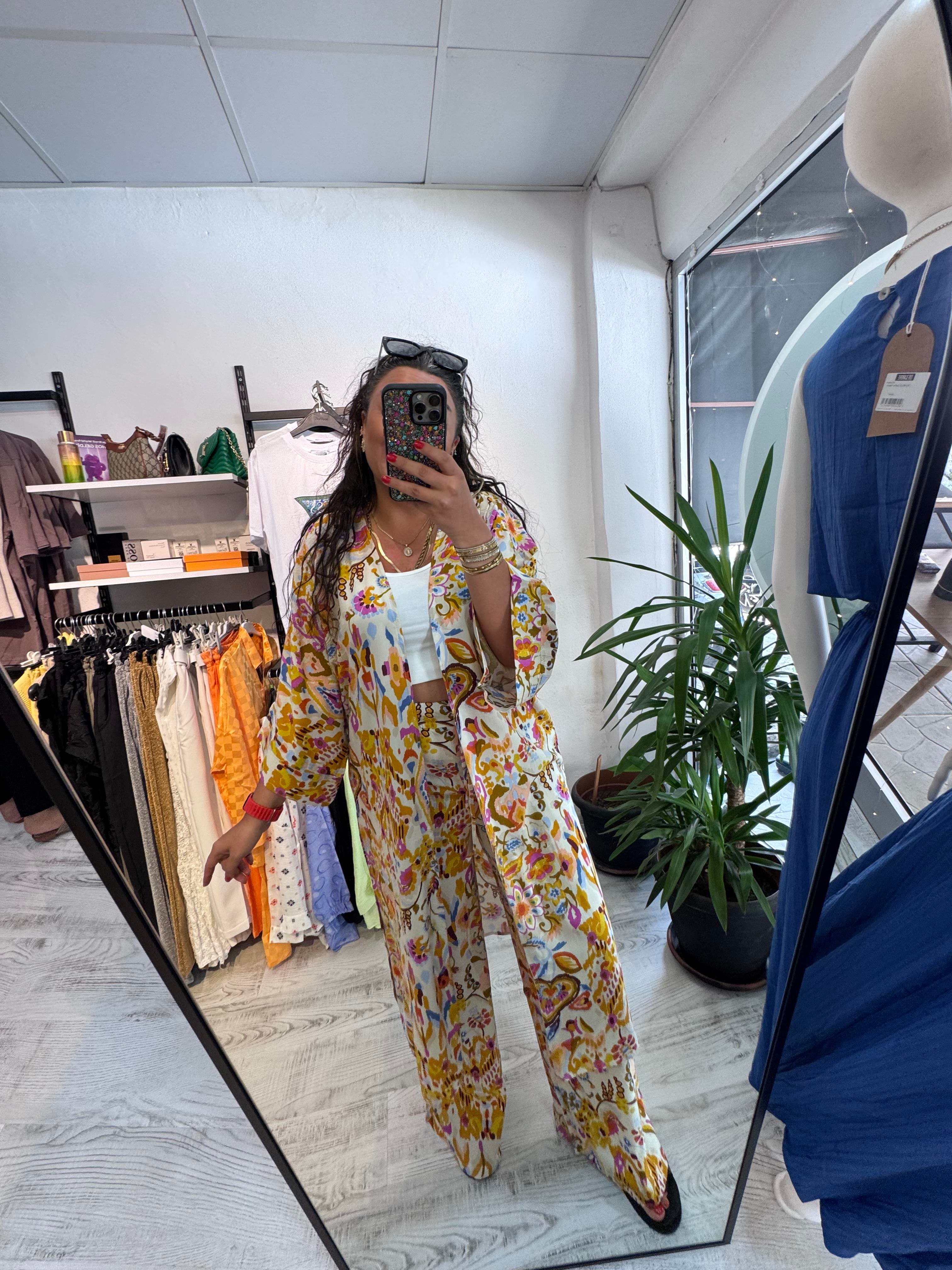 Renkli Desenli Viskon Kumaş Kimono Takım