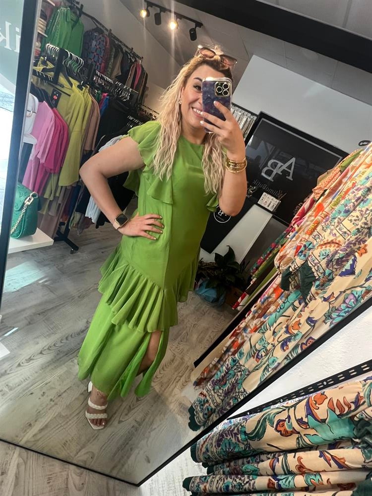 şifon fırfırlı yeşil elbise