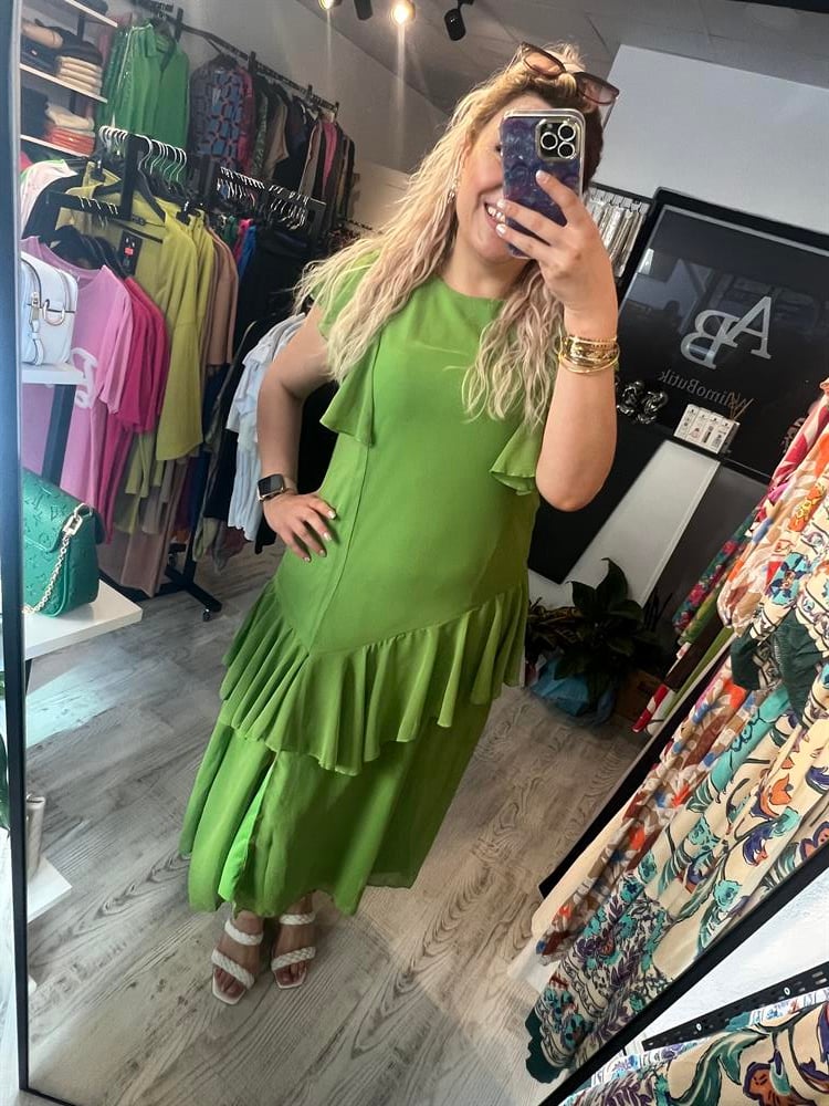 şifon fırfırlı yeşil elbise