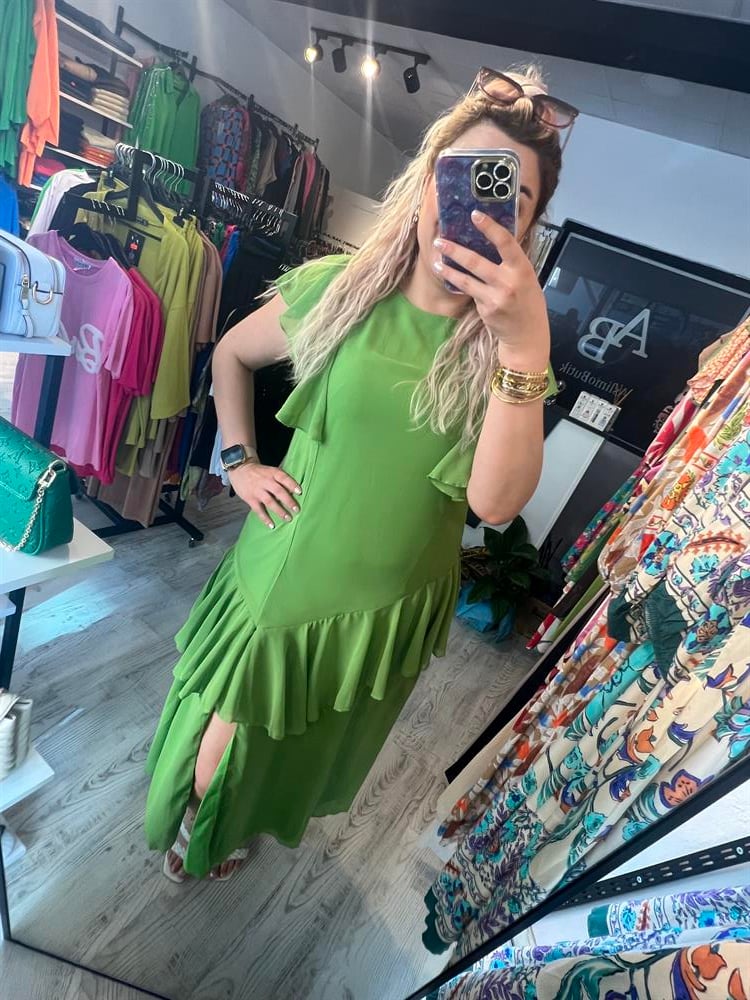 şifon fırfırlı yeşil elbise