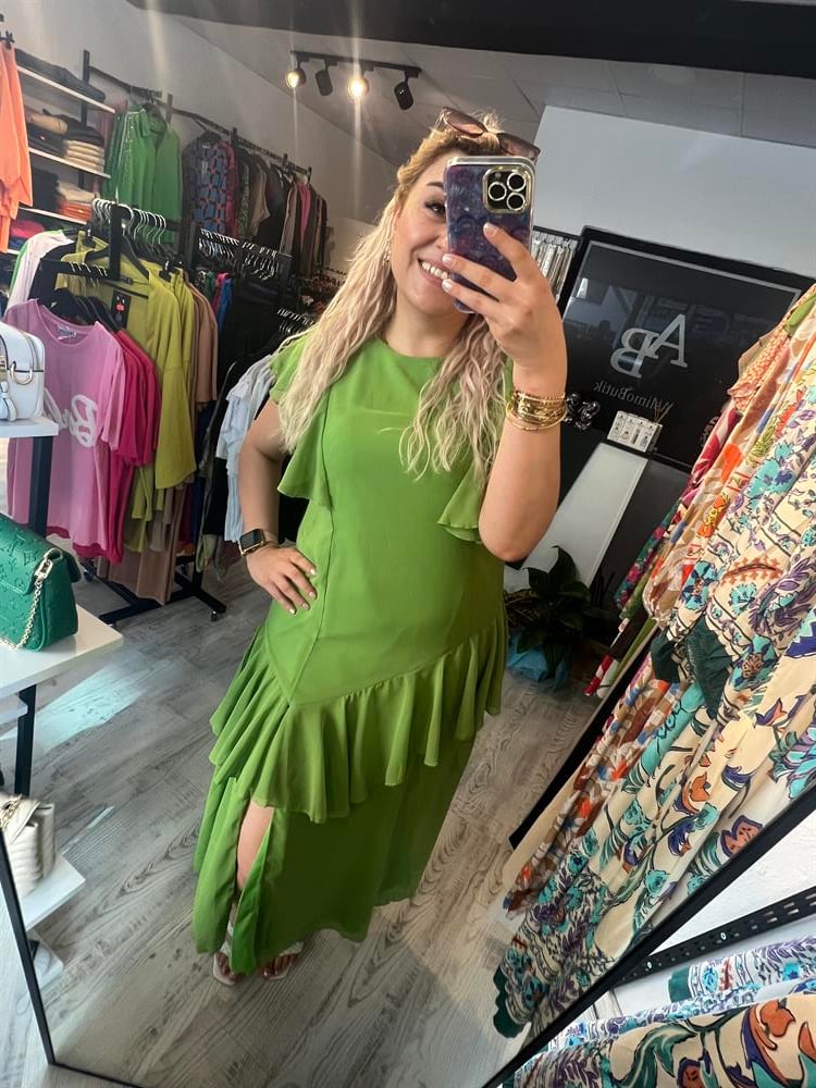 şifon fırfırlı yeşil elbise