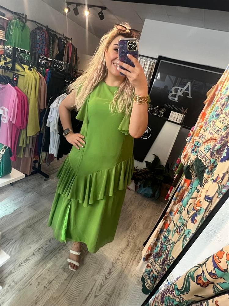 şifon fırfırlı yeşil elbise