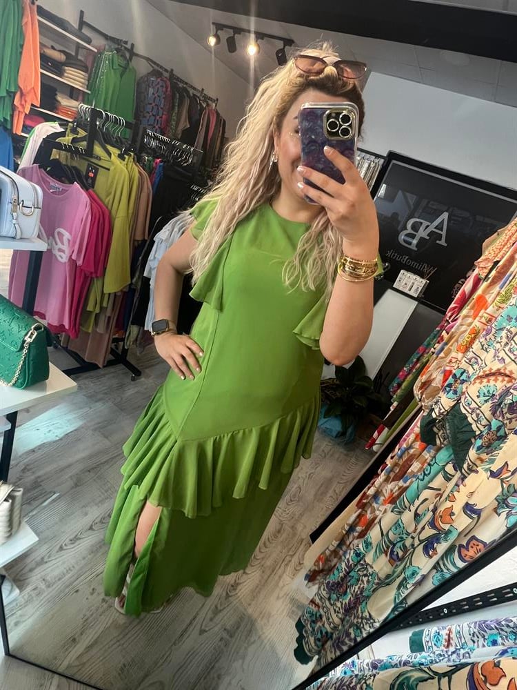 şifon fırfırlı yeşil elbise