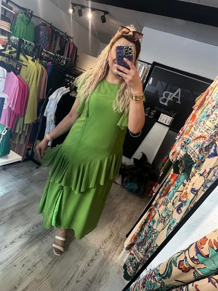 şifon fırfırlı yeşil elbise