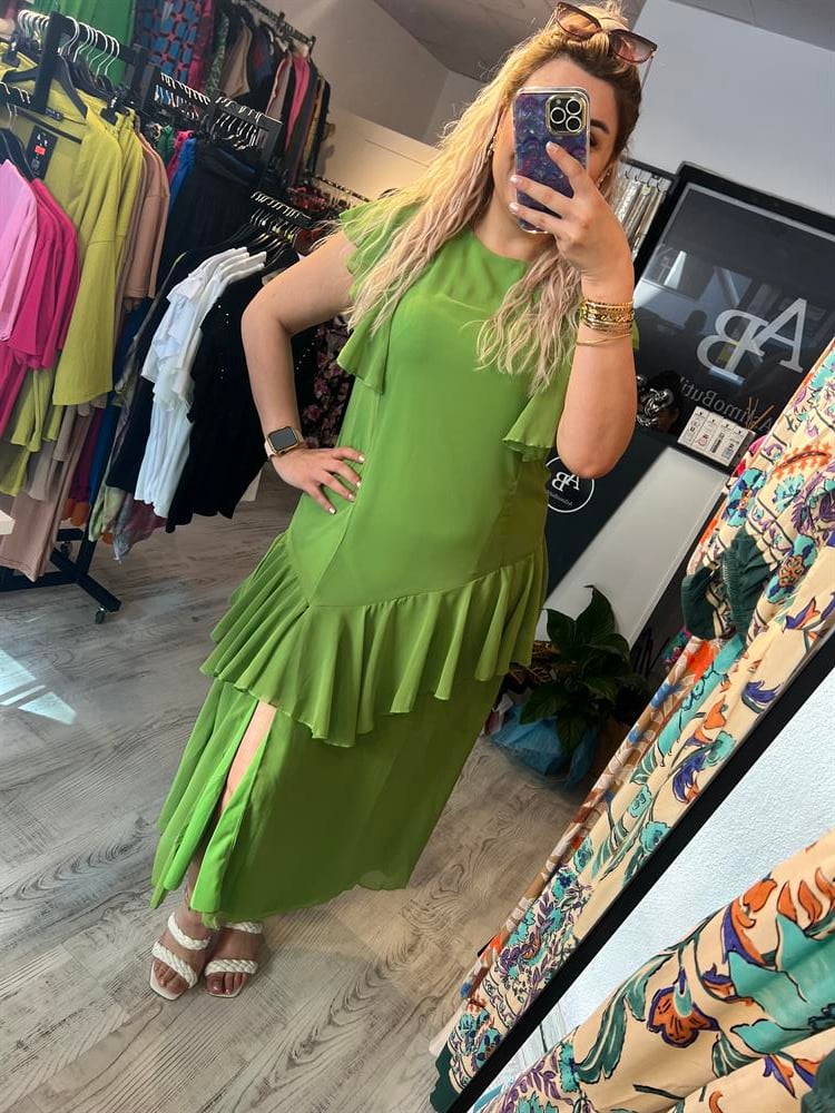şifon fırfırlı yeşil elbise