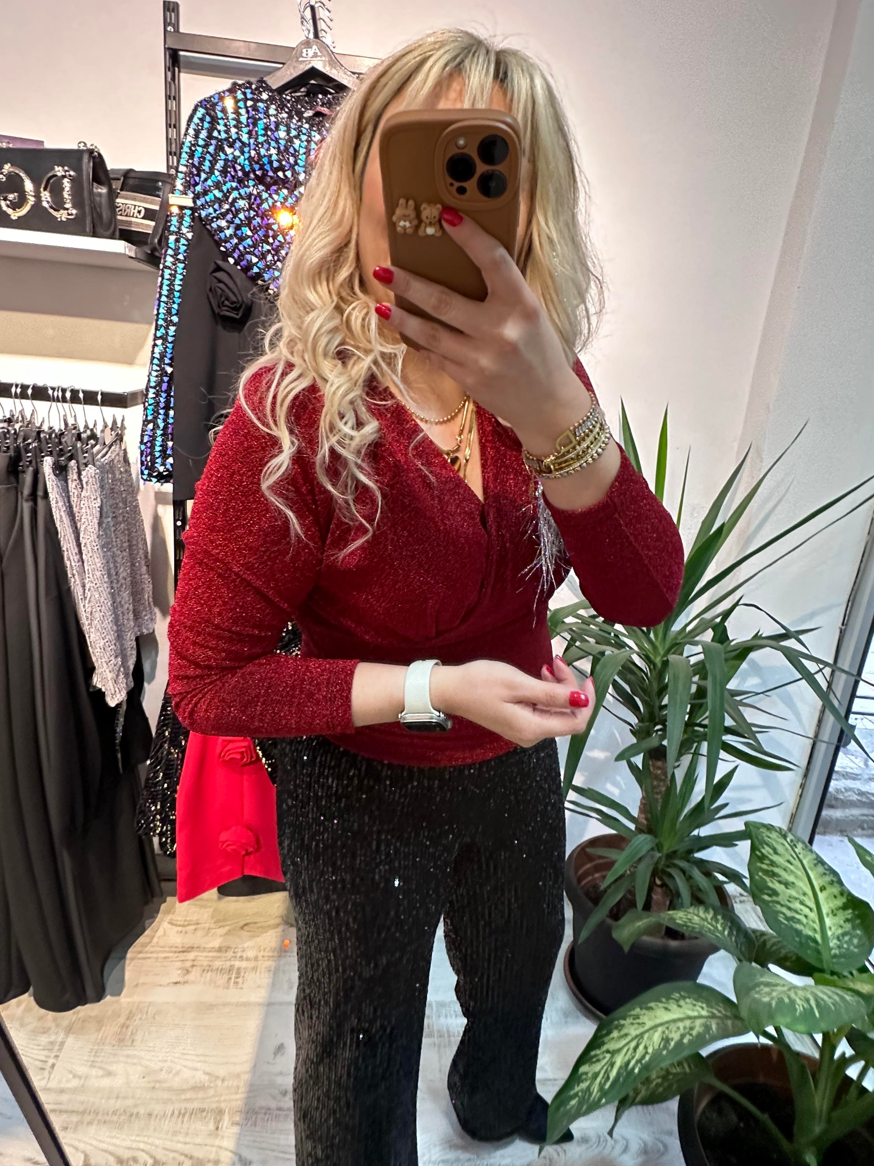 Simli Kırmızı Bluz