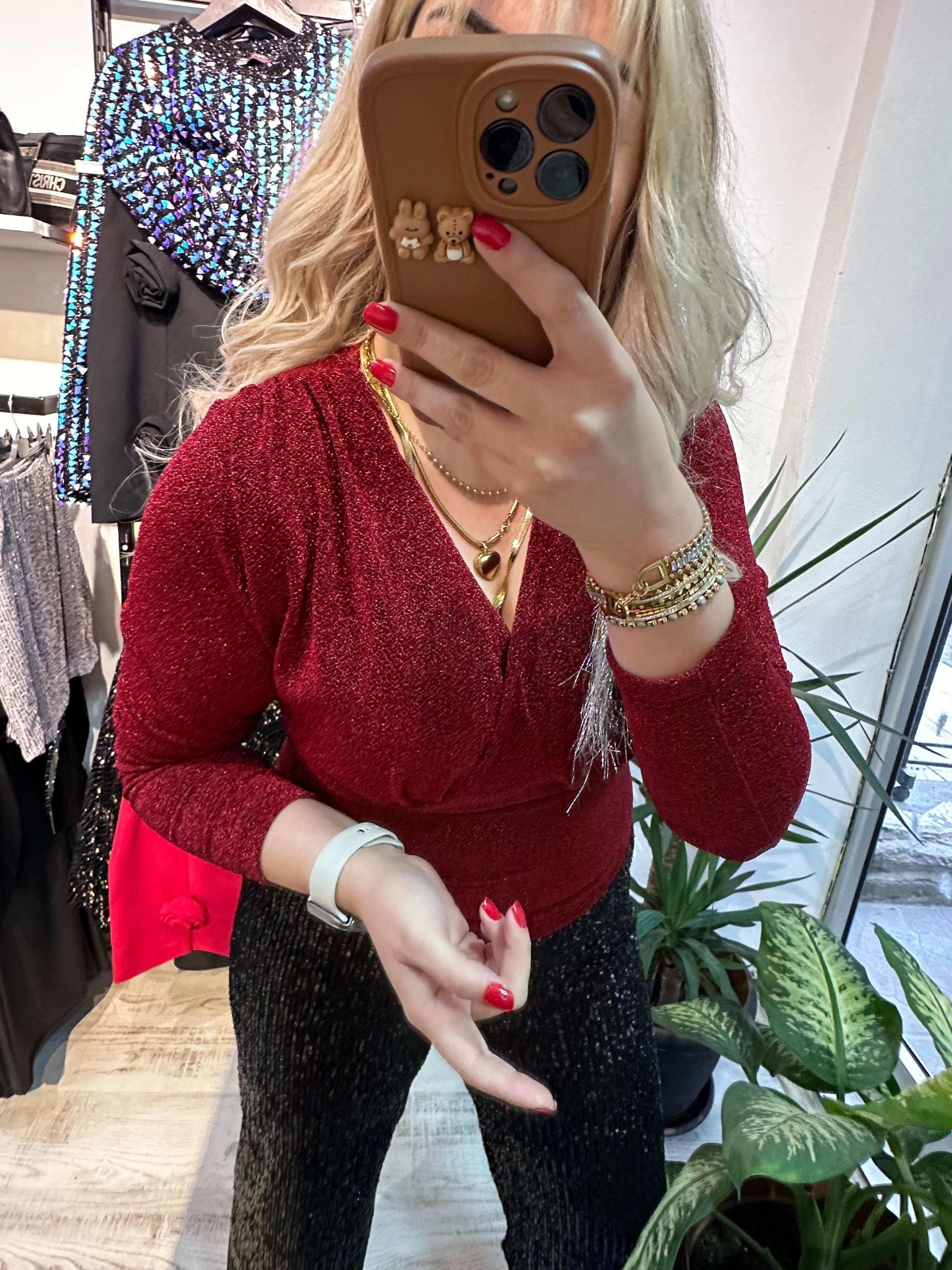 Simli Kırmızı Bluz