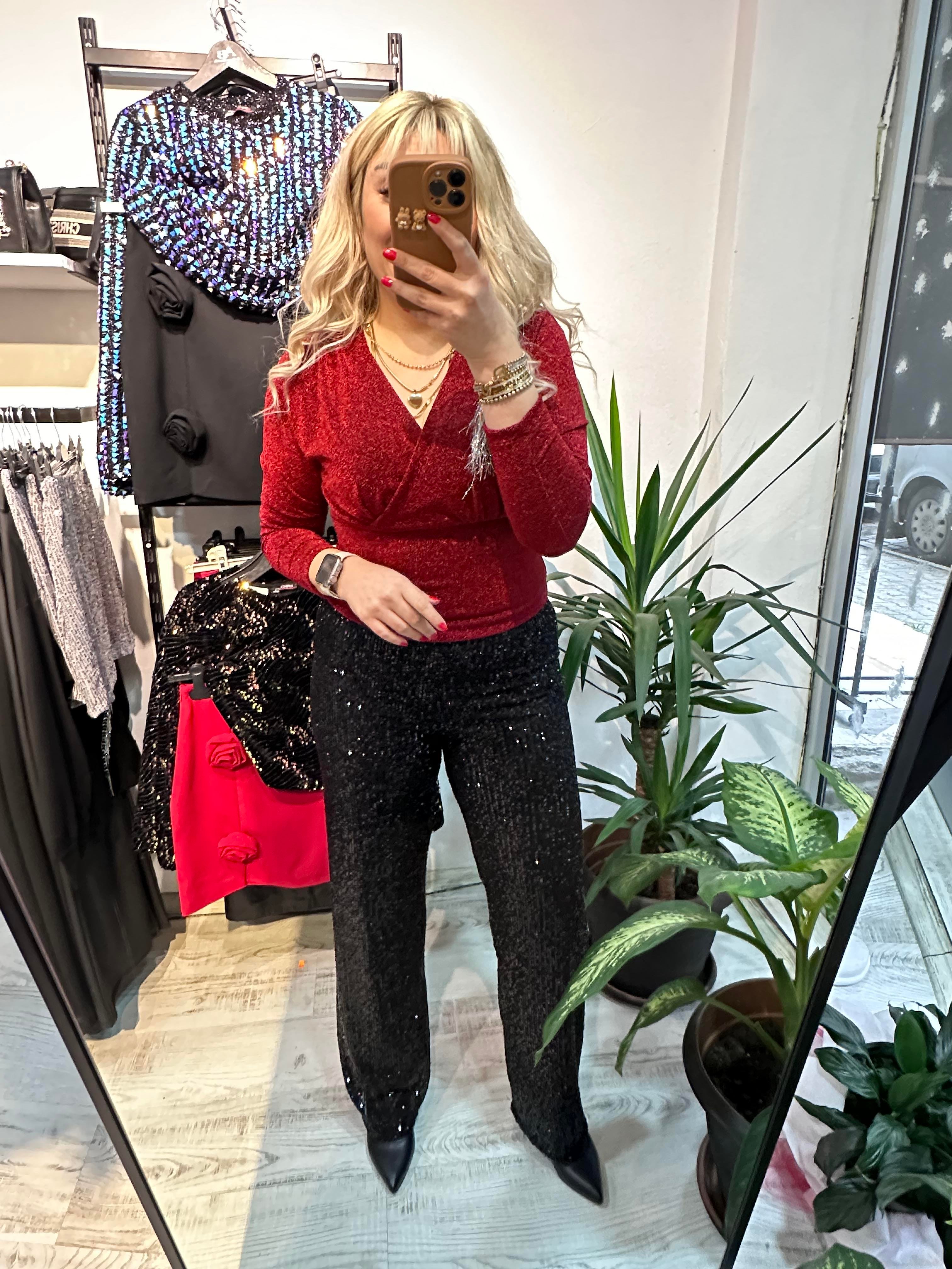 Simli Kırmızı Bluz