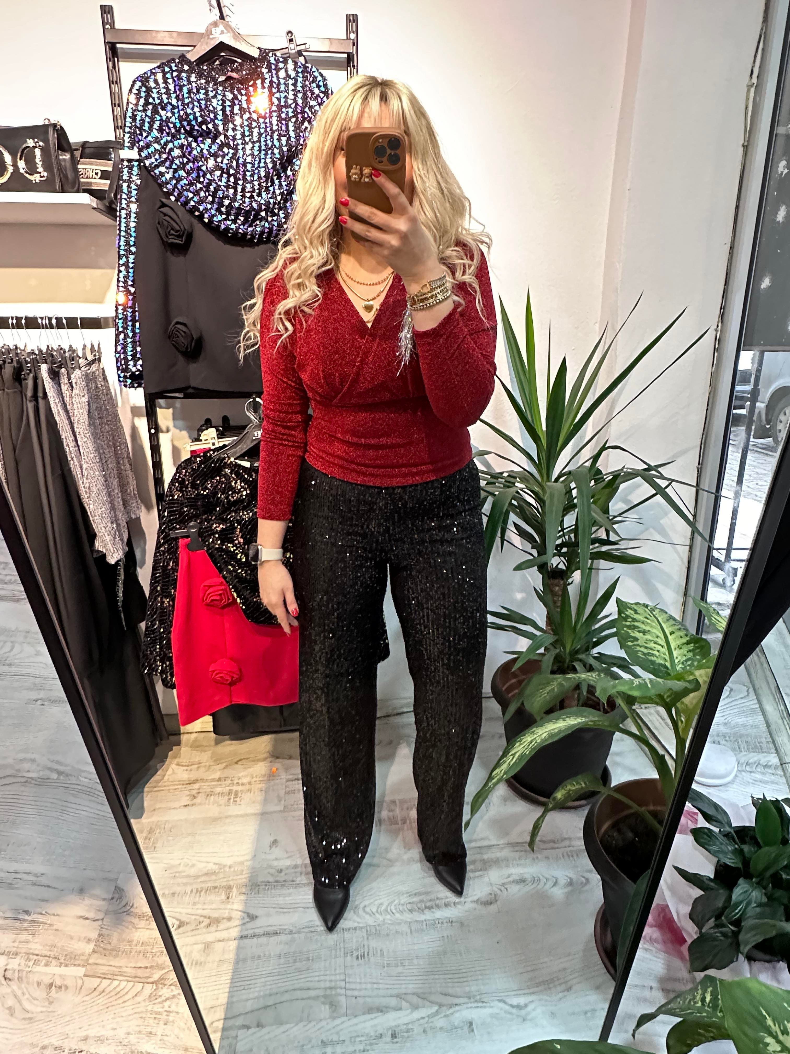 Simli Kırmızı Bluz