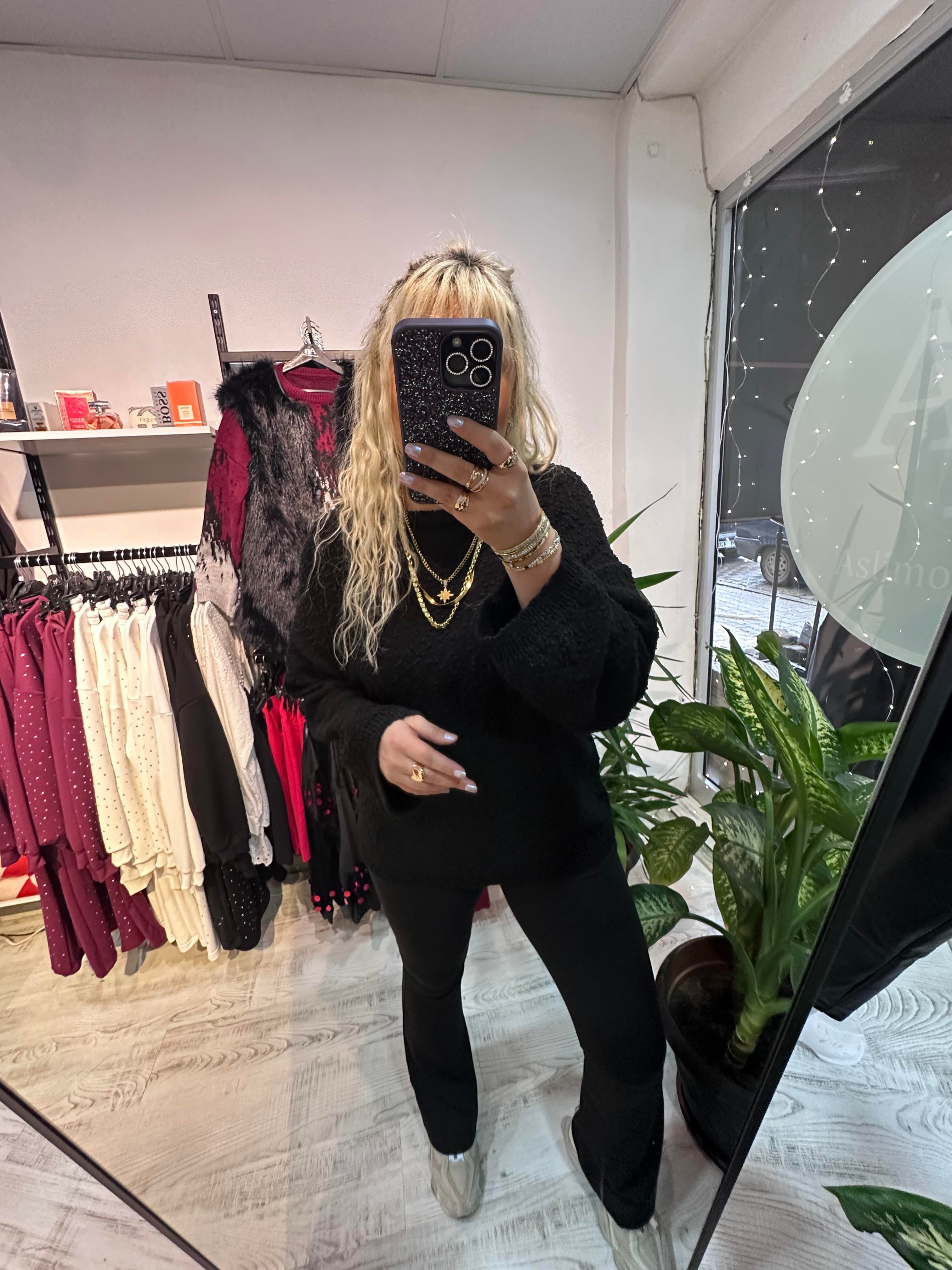 Siyah Buklet Triko Pinterest Model Geniş Kol Kazak