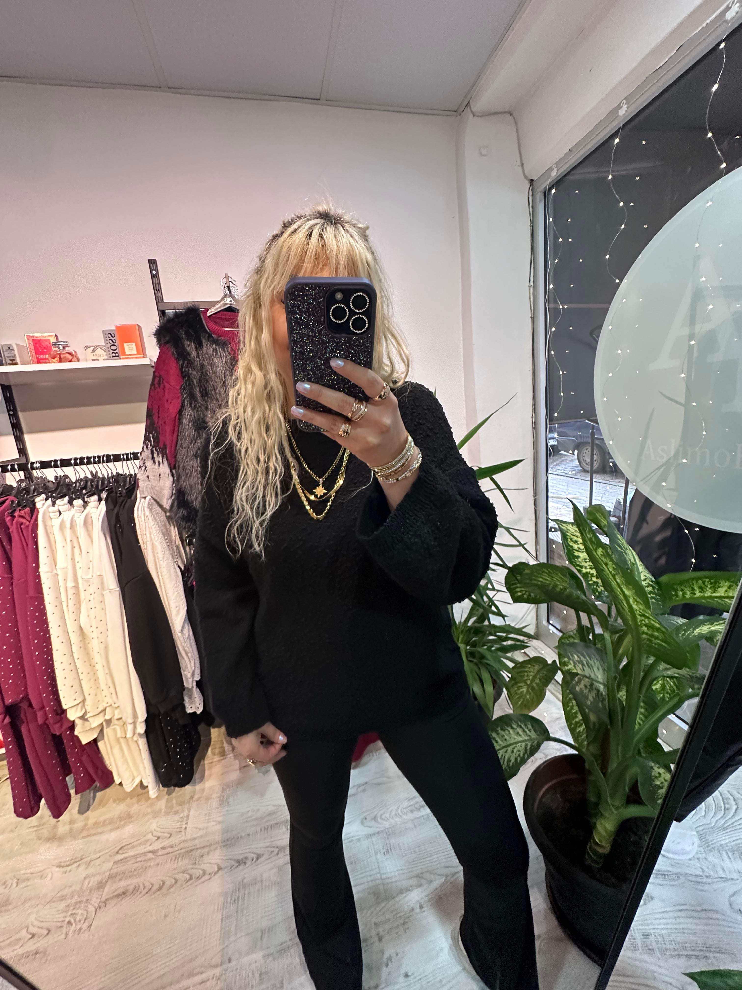 Siyah Buklet Triko Pinterest Model Geniş Kol Kazak