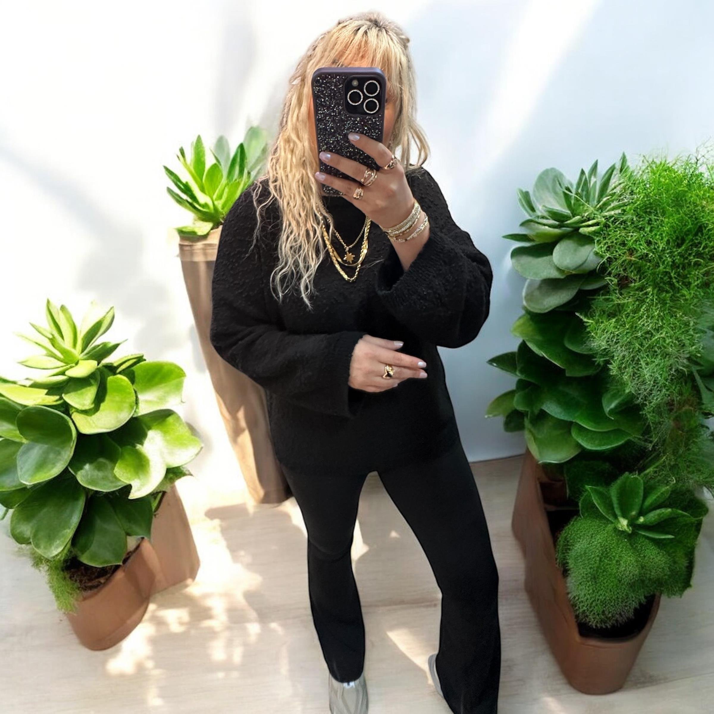 Siyah Buklet Triko Pinterest Model Geniş Kol Kazak