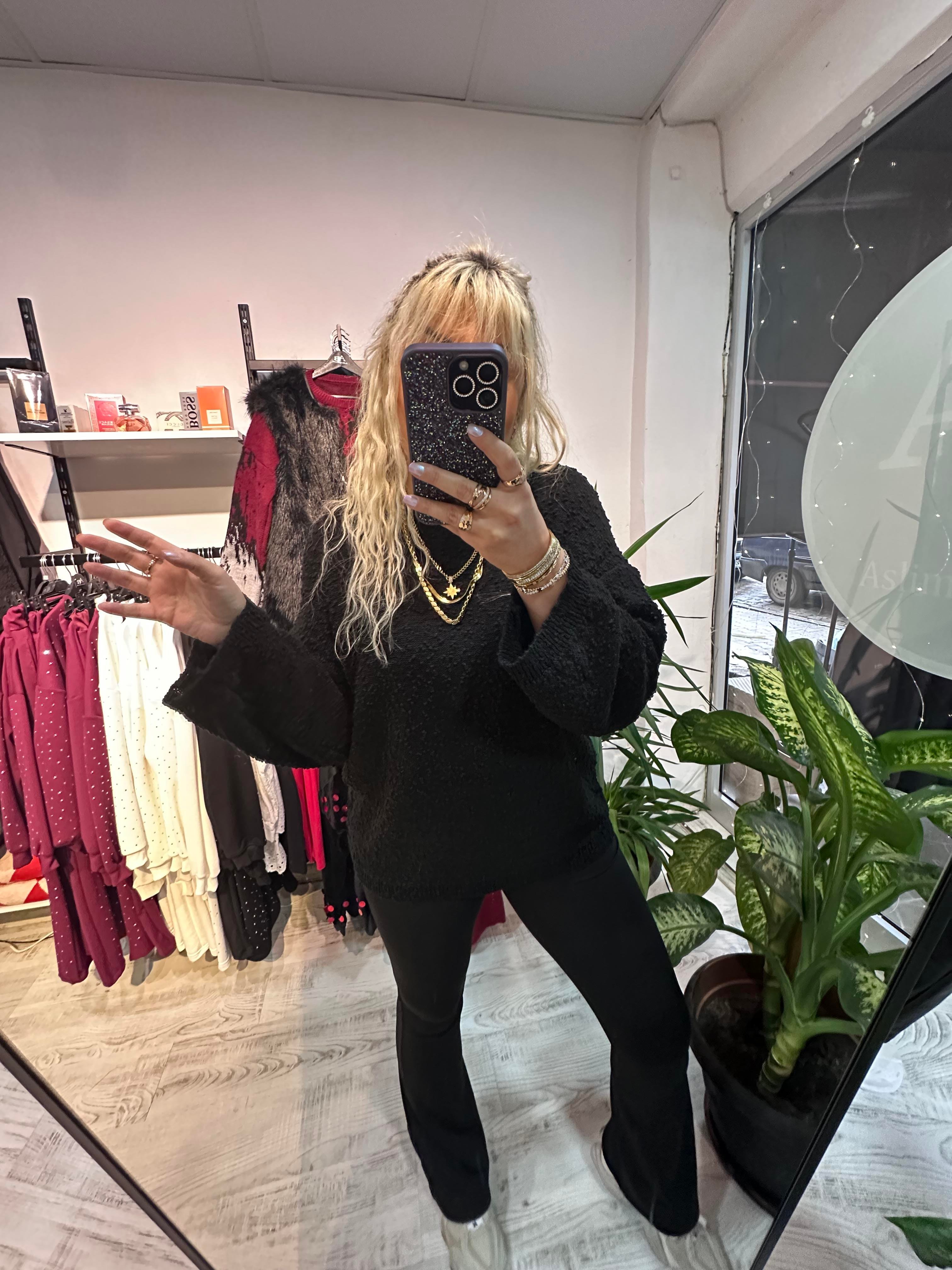 Siyah Buklet Triko Pinterest Model Geniş Kol Kazak