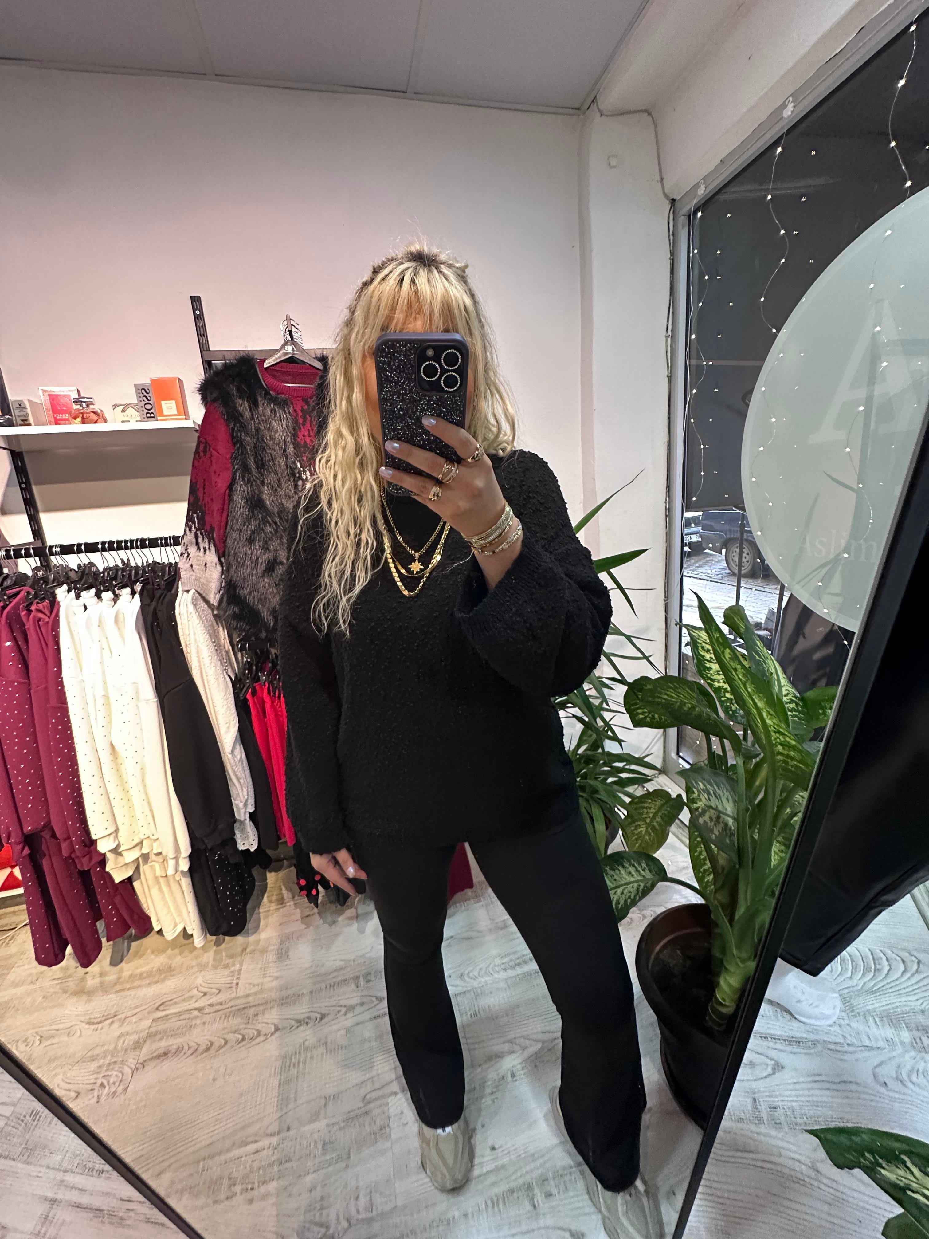 Siyah Buklet Triko Pinterest Model Geniş Kol Kazak