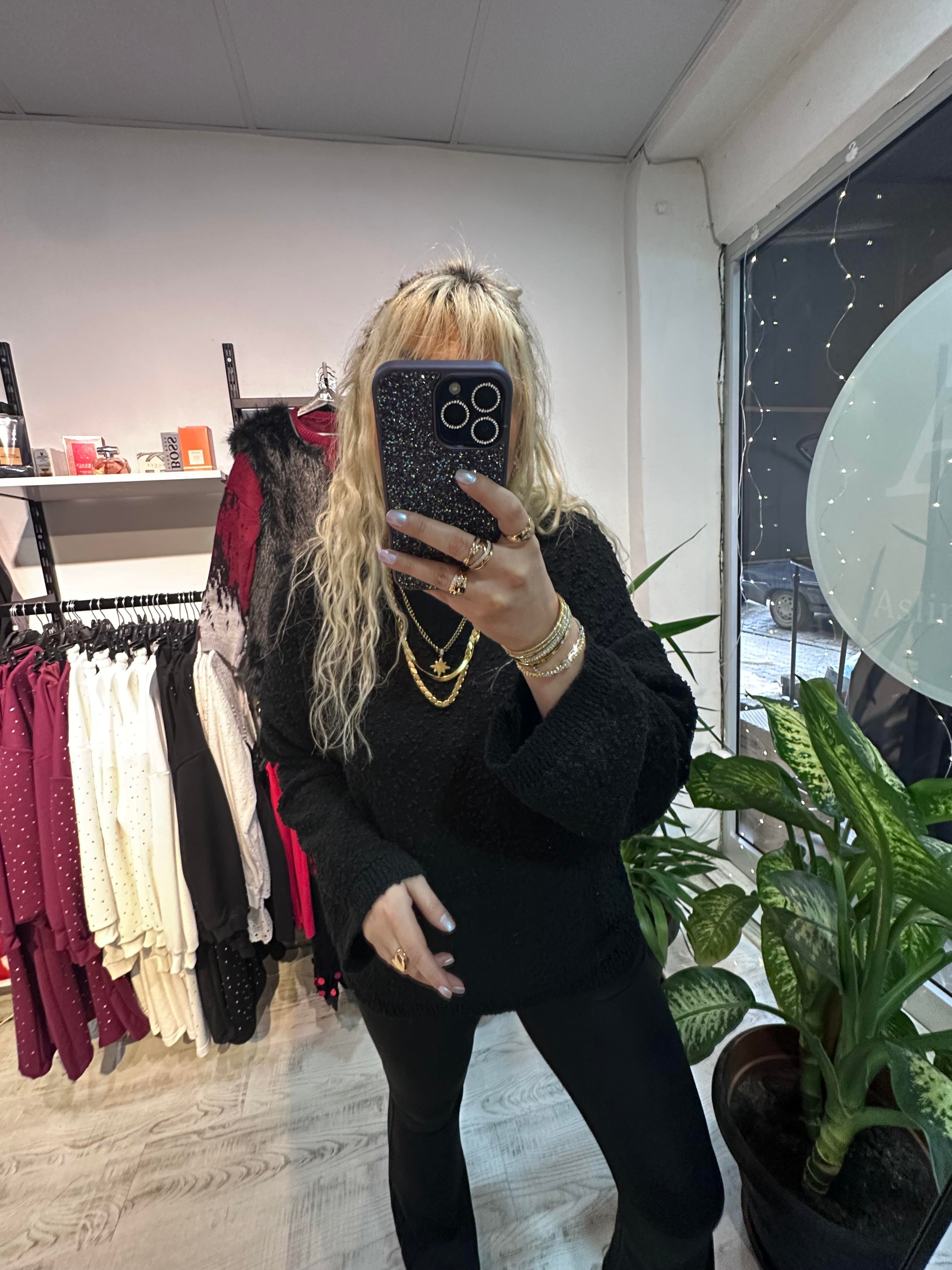 Siyah Buklet Triko Pinterest Model Geniş Kol Kazak