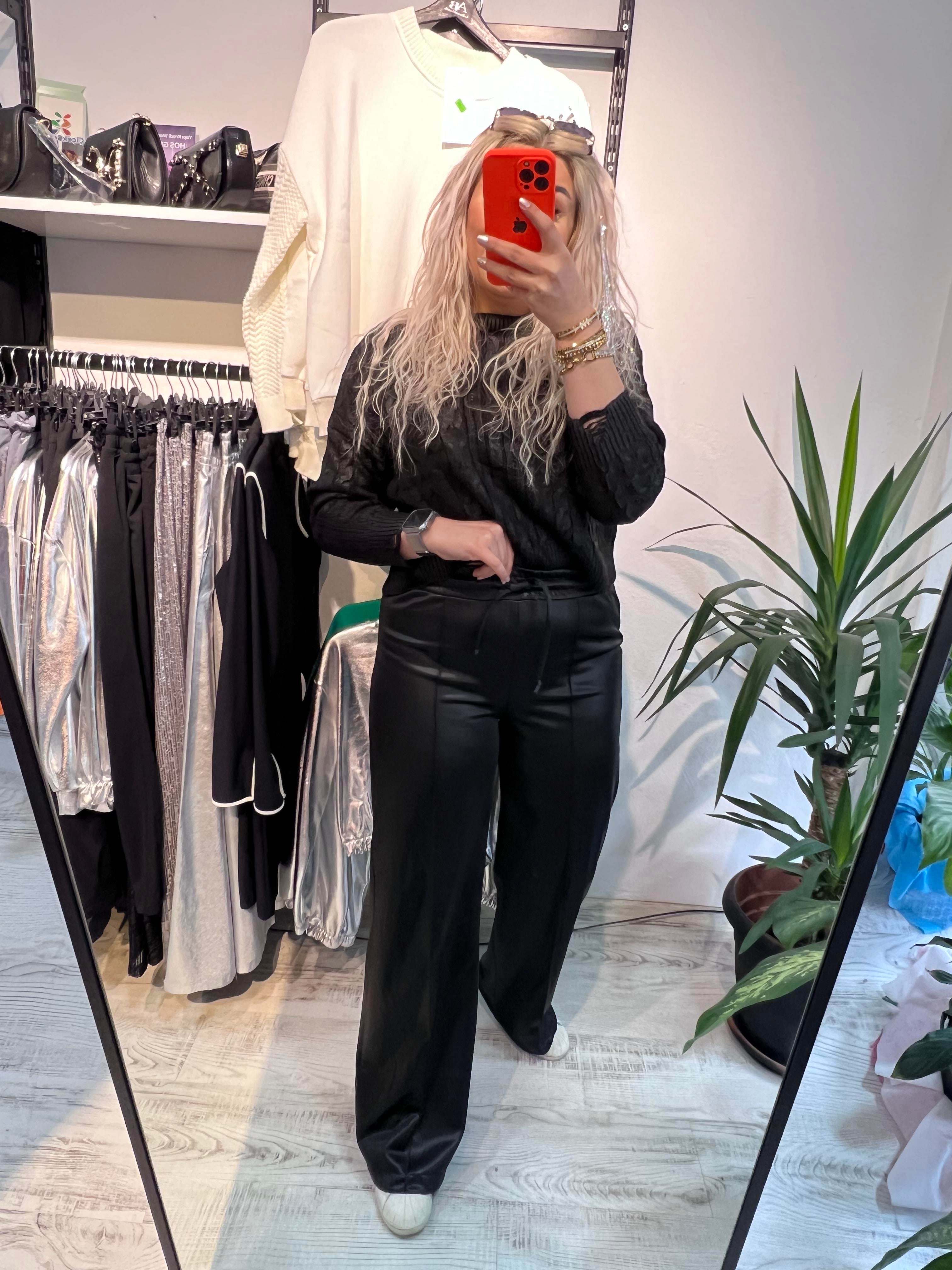 Siyah Örme Deri Pantolon